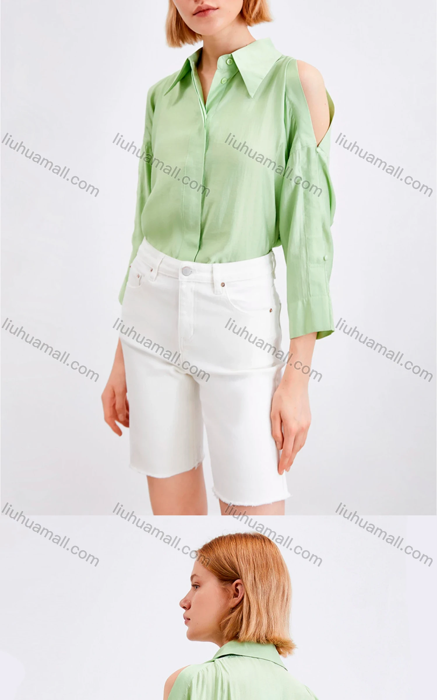 Wholesale Women's Fashion Collared 3/4 Sleeve Cold Shoulder Button Down Plain Blouse - Liuhuamall