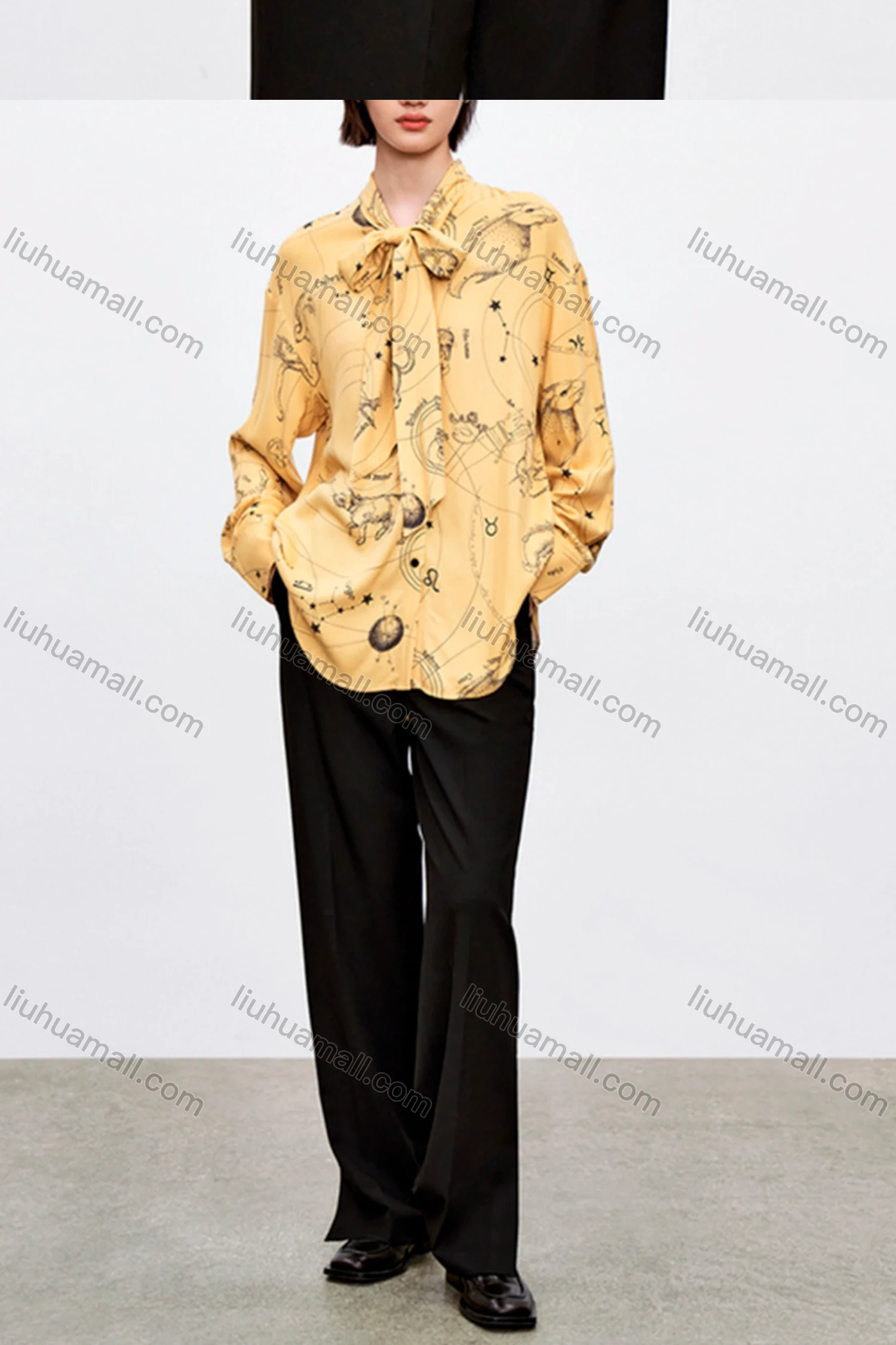 Wholesale Women's Fashion Tie Neck Long Sleeve Baroque Print Button Down Shirt 574558# - Liuhuamall