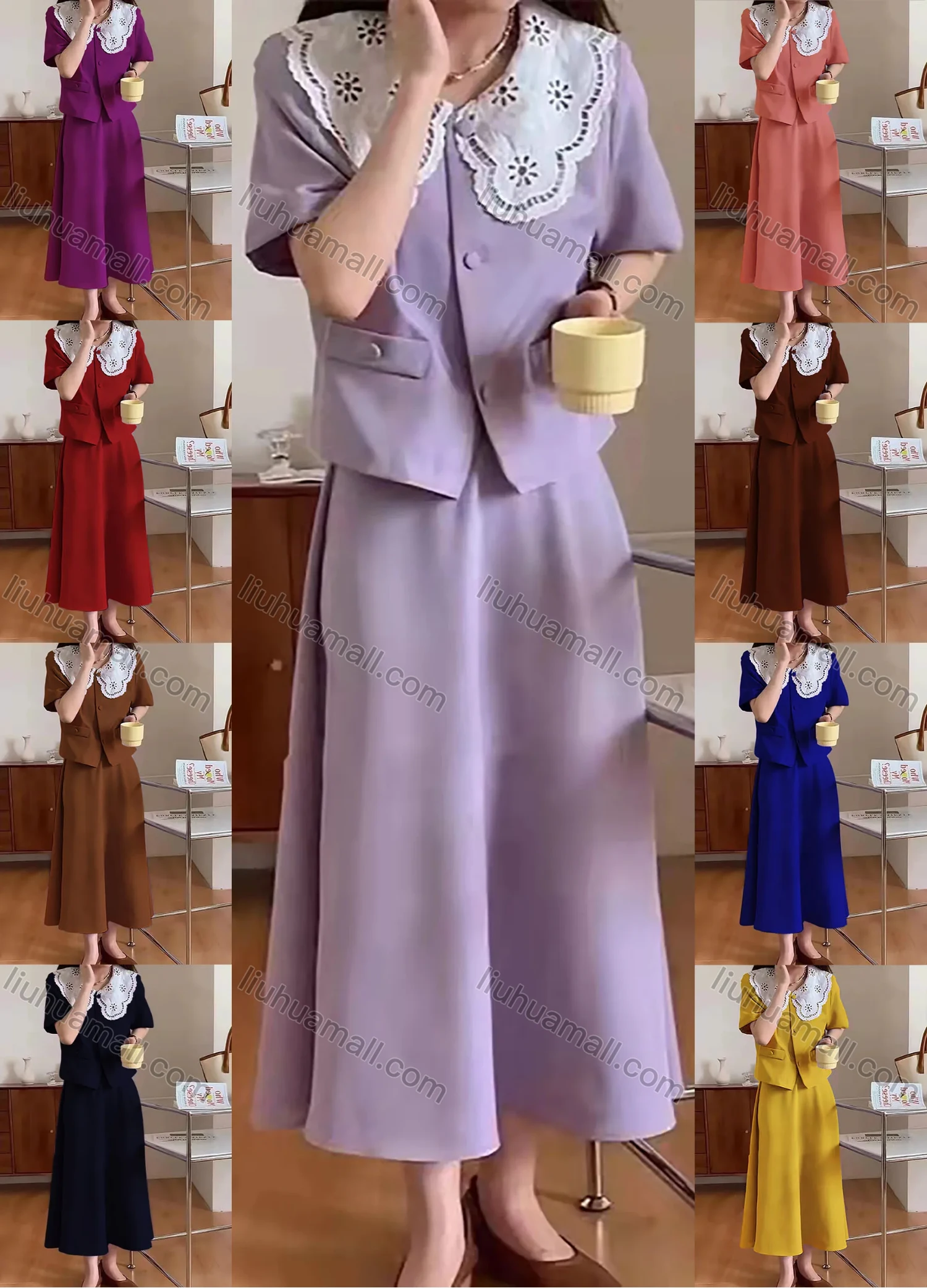 Wholesale Women's Retro Peter Pan Collar Half Sleeve Guipure Lace Blouse With Plain A Line Skirt Set AY156# - Liuhuamall