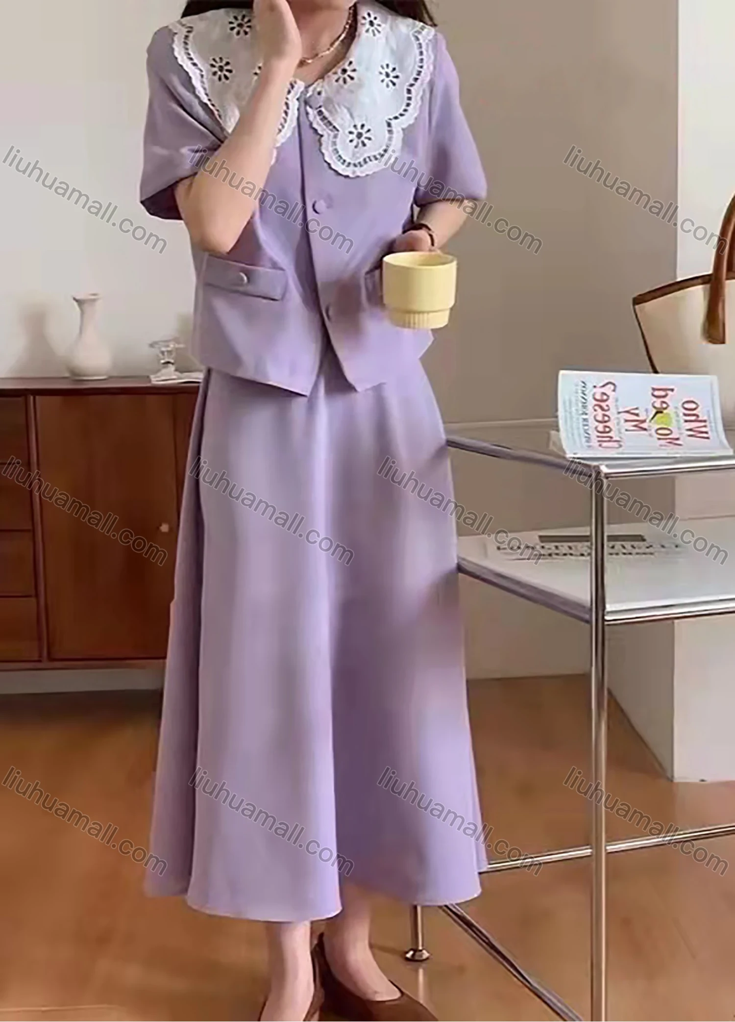 Wholesale Women's Retro Peter Pan Collar Half Sleeve Guipure Lace Blouse With Plain A Line Skirt Set AY156# - Liuhuamall