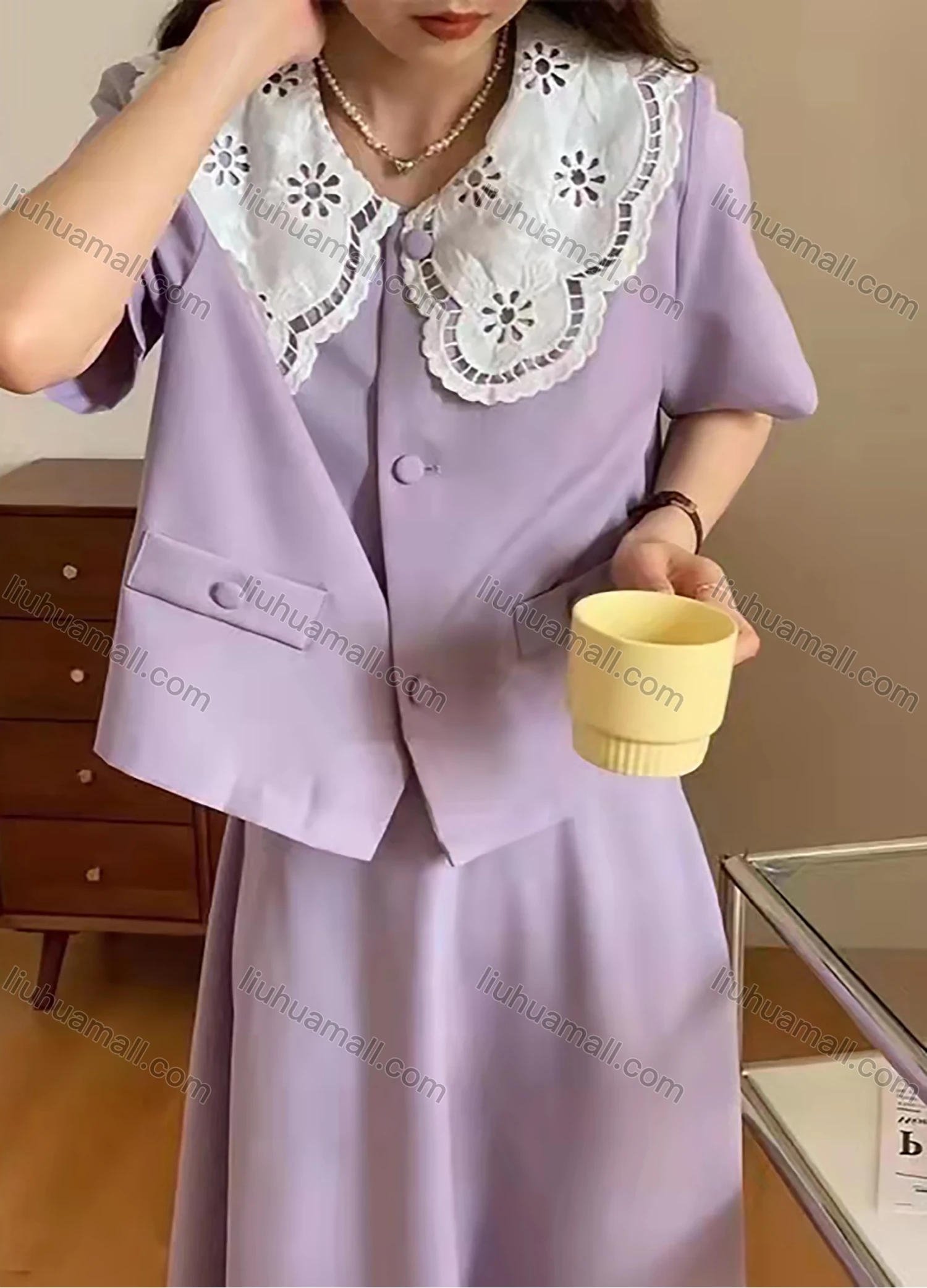 Wholesale Women's Retro Peter Pan Collar Half Sleeve Guipure Lace Blouse With Plain A Line Skirt Set AY156# - Liuhuamall