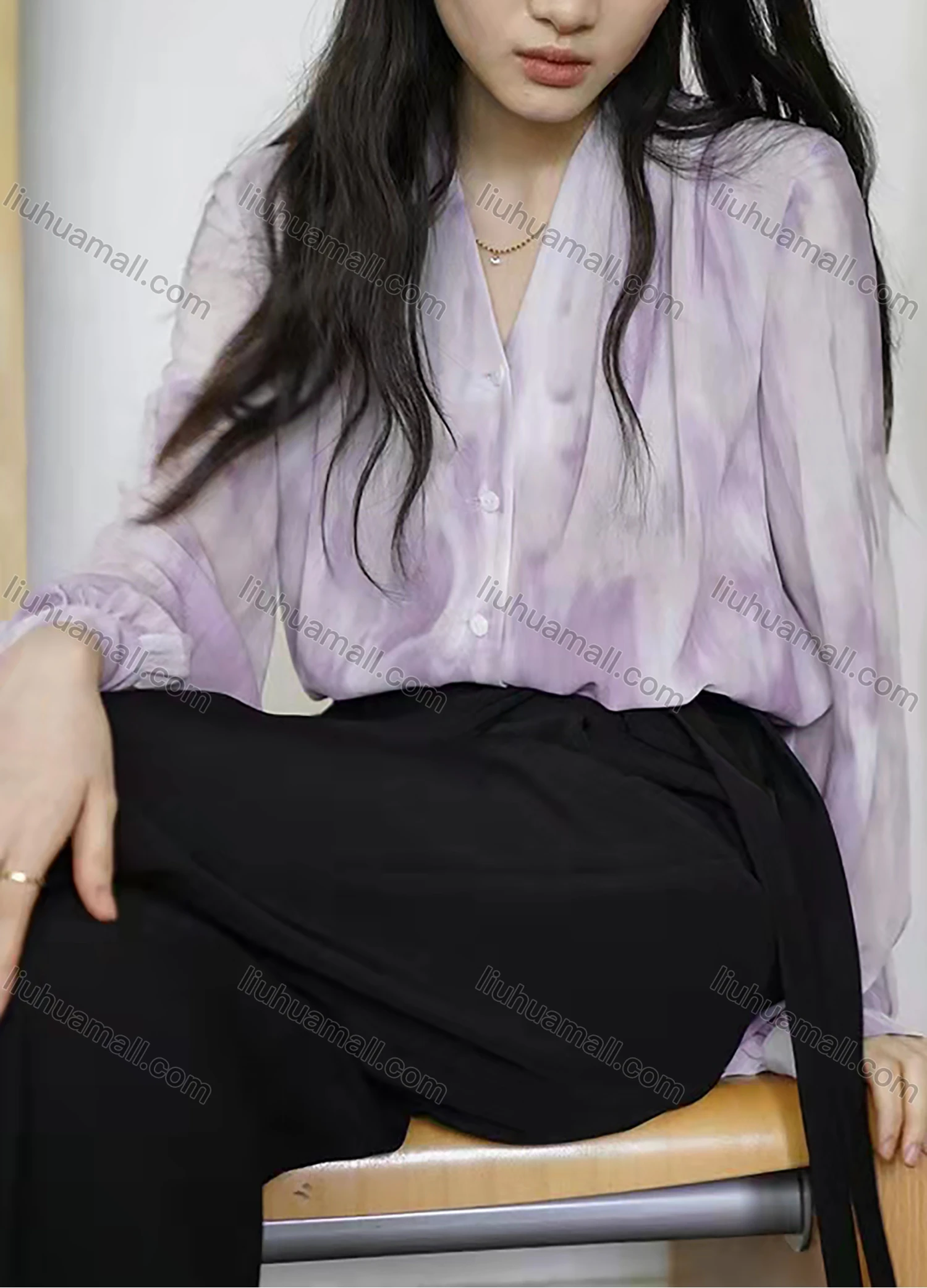 Wholesale Women's V Neck Lantern Sleeve Tie Dye Buttons Casual Blouse AY157# - Liuhuamall