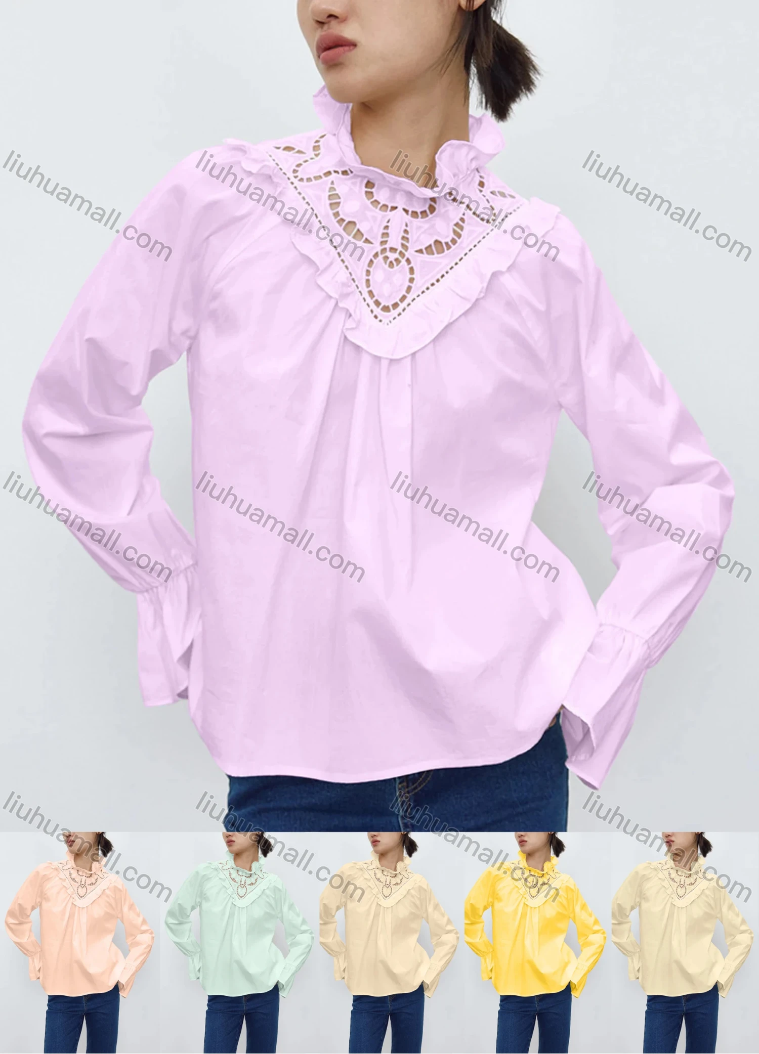 Wholesale Women's Fashion Long Sleeve Ruffle Neck Hollow Out Plain Tops 619556# - Liuhuamall