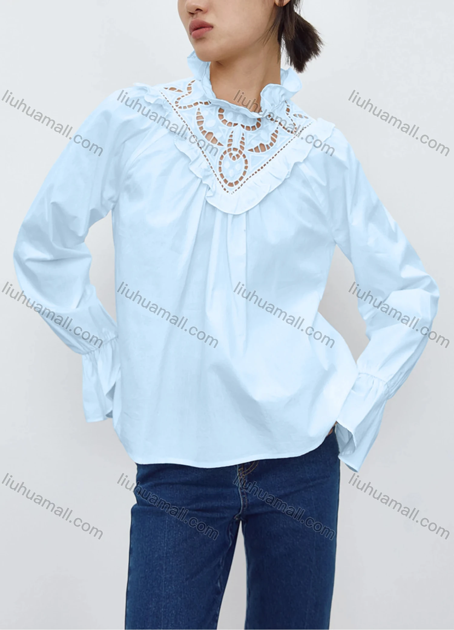 Wholesale Women's Fashion Long Sleeve Ruffle Neck Hollow Out Plain Tops 619556# - Liuhuamall