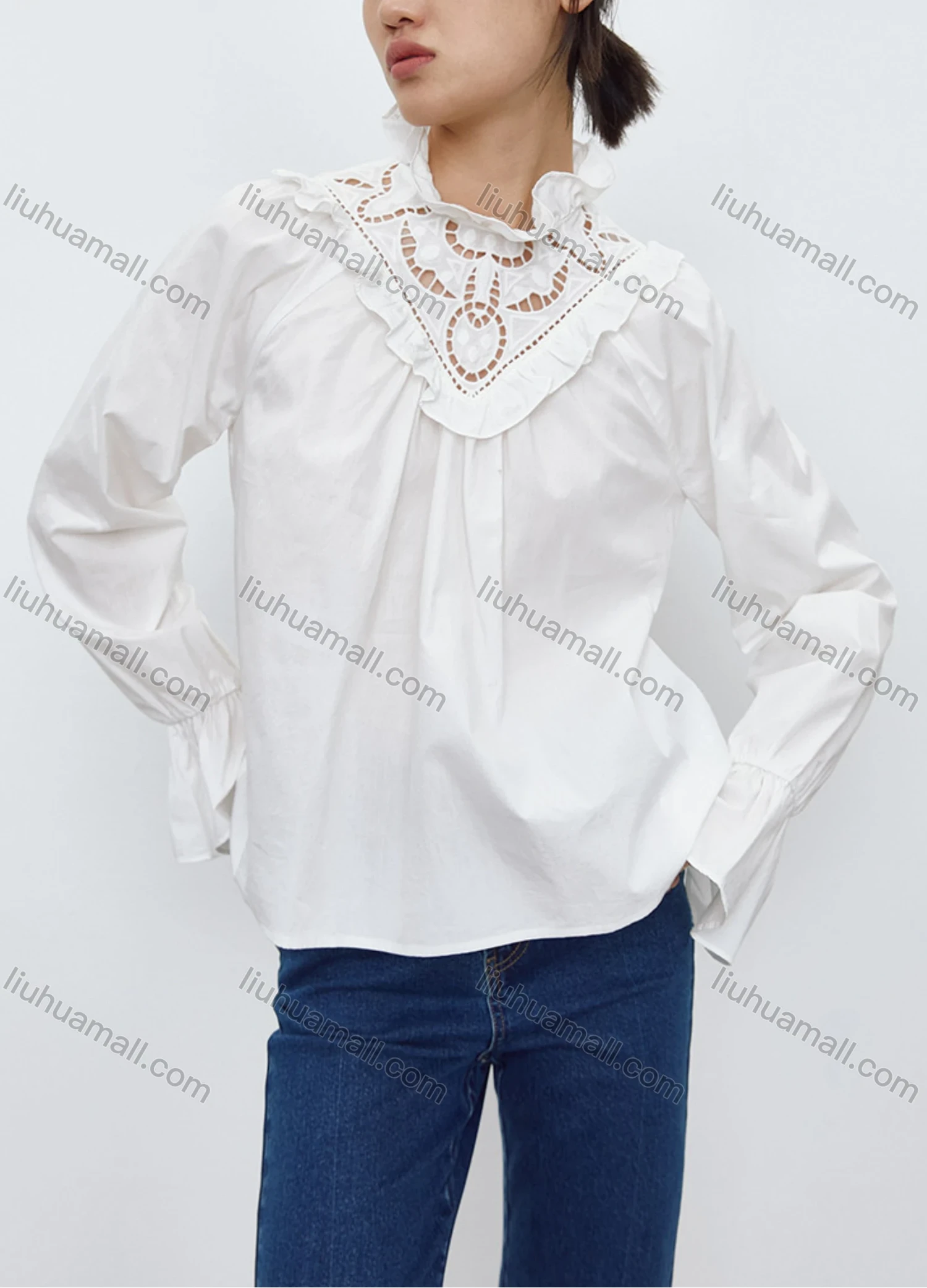 Wholesale Women's Fashion Long Sleeve Ruffle Neck Hollow Out Plain Tops 619556# - Liuhuamall