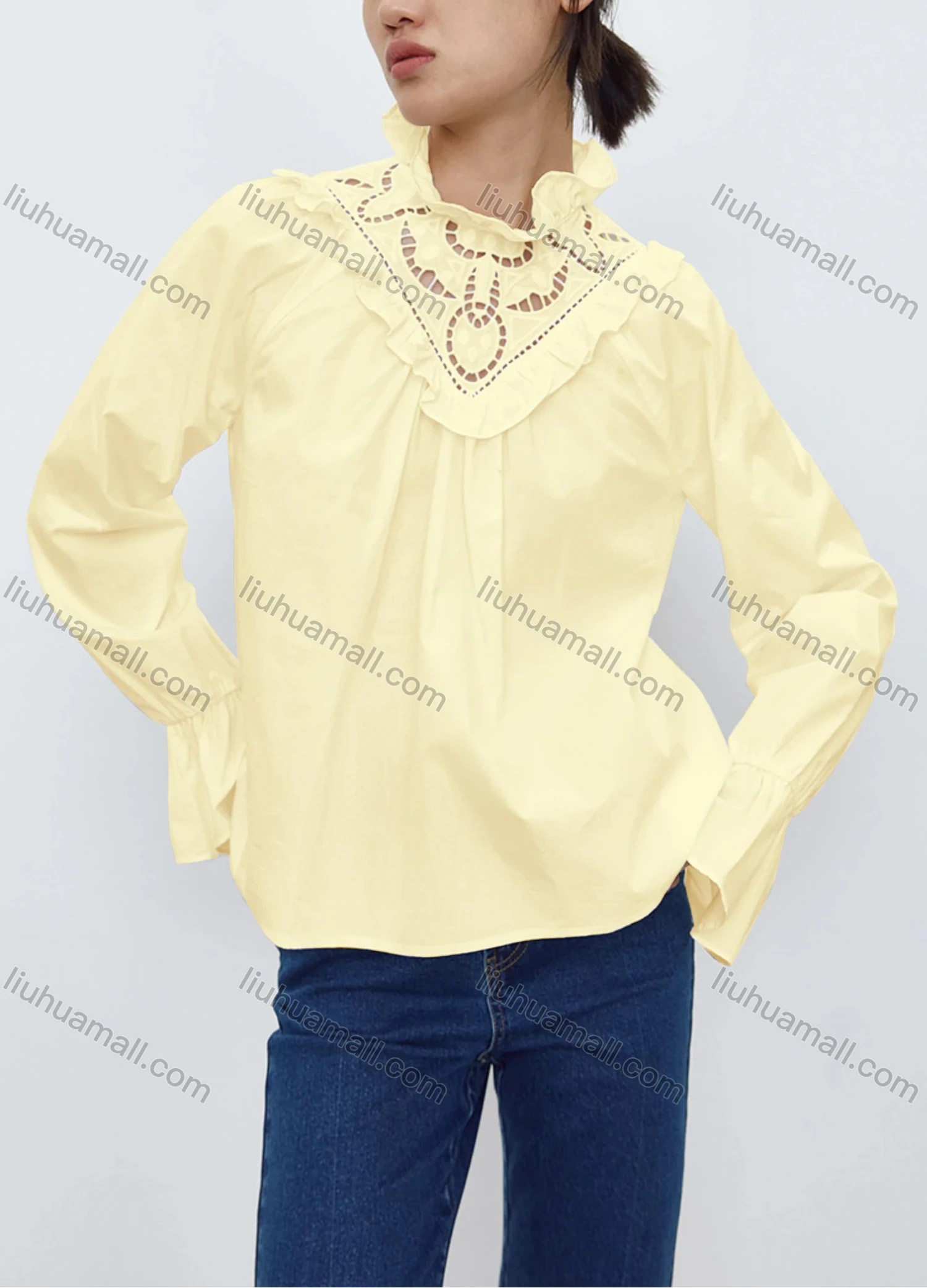 Wholesale Women's Fashion Long Sleeve Ruffle Neck Hollow Out Plain Tops 619556# - Liuhuamall