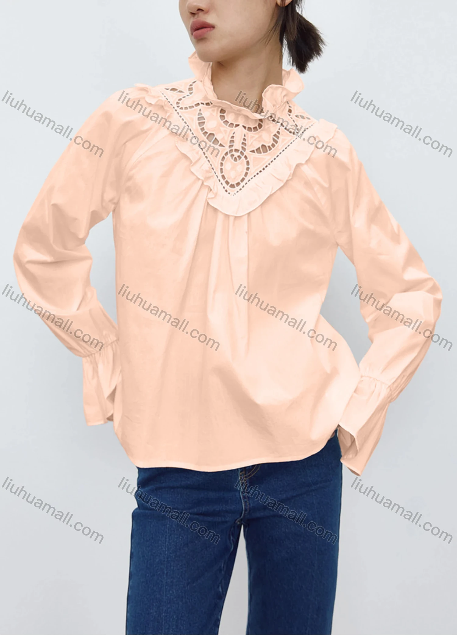 Wholesale Women's Fashion Long Sleeve Ruffle Neck Hollow Out Plain Tops 619556# - Liuhuamall