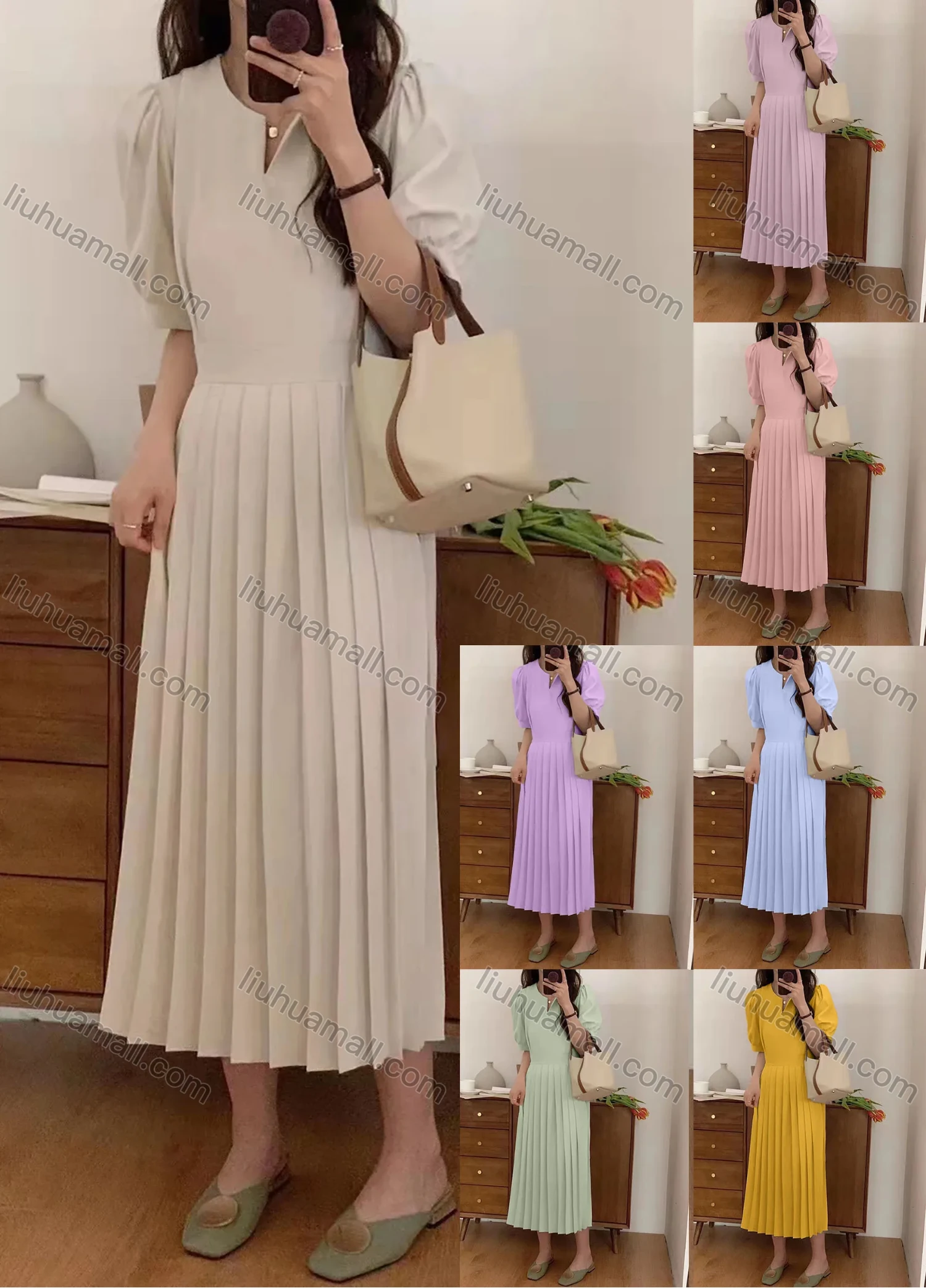 Wholesale Women's Casual Plain Notched Neck Puff Sleeve Pleated Midi Dress AY158# - Liuhuamall