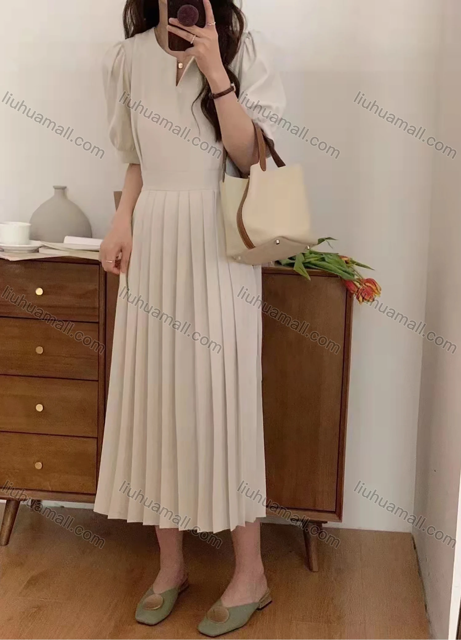 Wholesale Women's Casual Plain Notched Neck Puff Sleeve Pleated Midi Dress AY158# - Liuhuamall