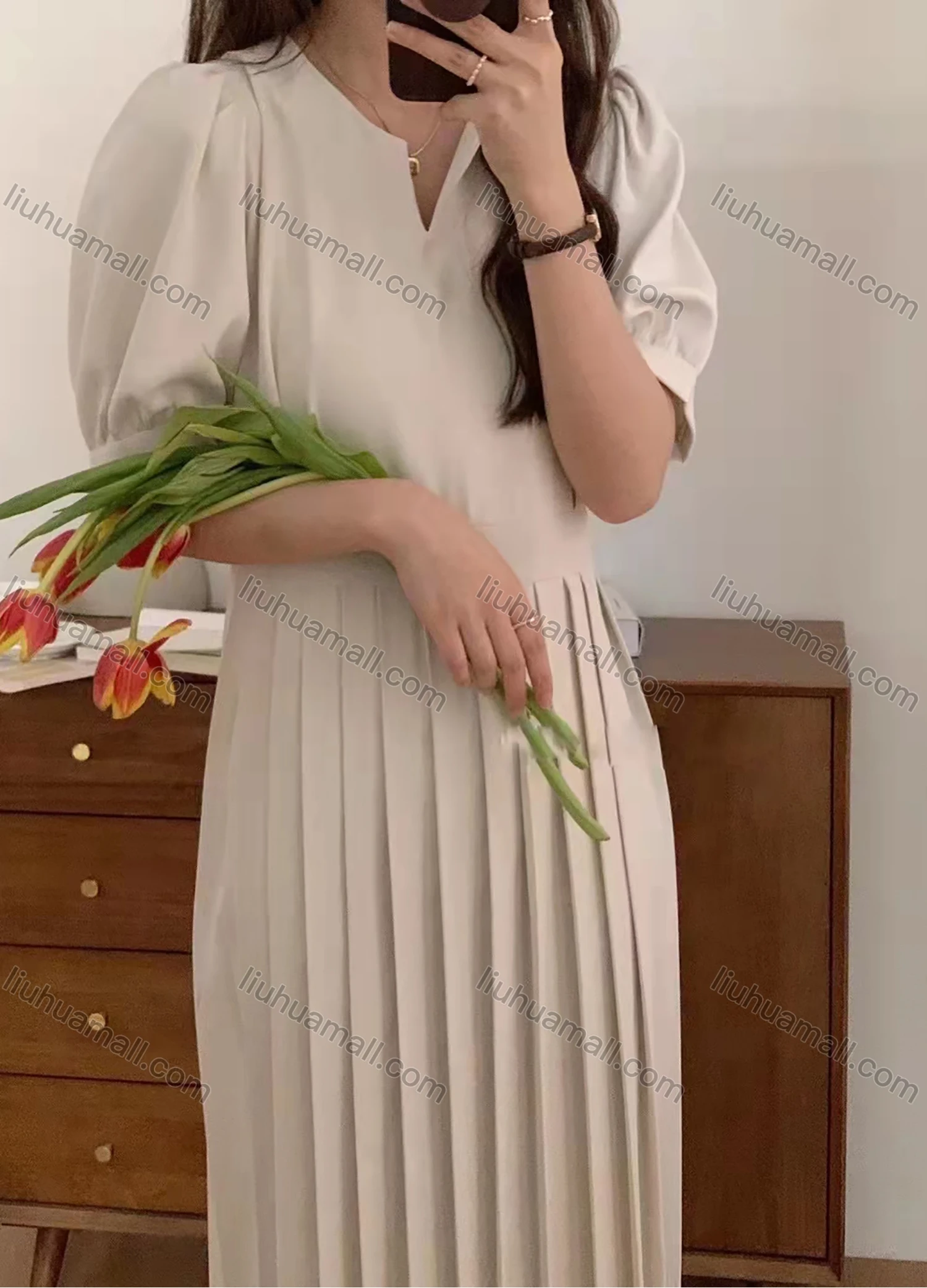 Wholesale Women's Casual Plain Notched Neck Puff Sleeve Pleated Midi Dress AY158# - Liuhuamall