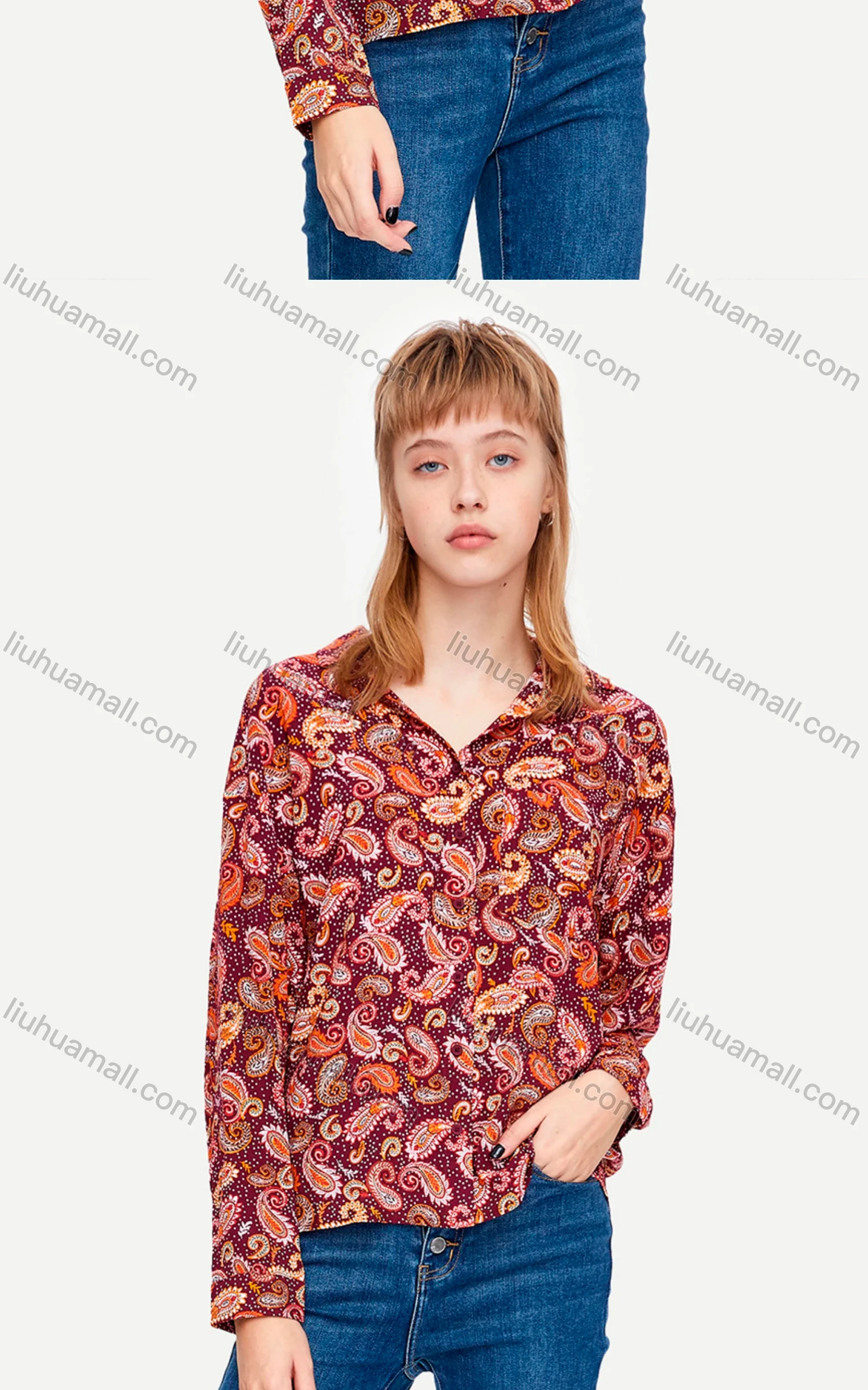 Wholesale Women's Vintage Long Sleeve Collared Paisley Print Shirt 636312# - Liuhuamall
