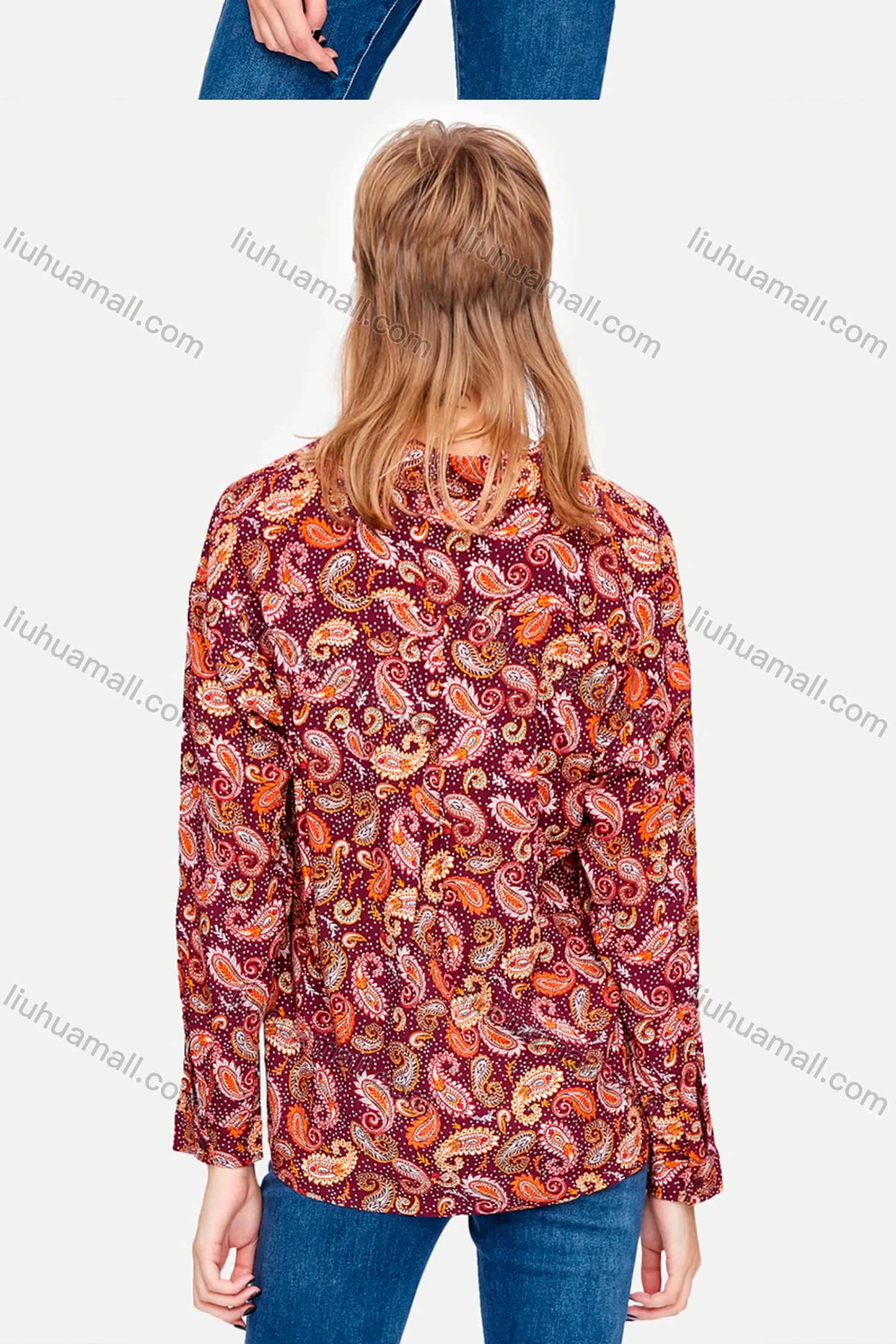 Wholesale Women's Vintage Long Sleeve Collared Paisley Print Shirt 636312# - Liuhuamall
