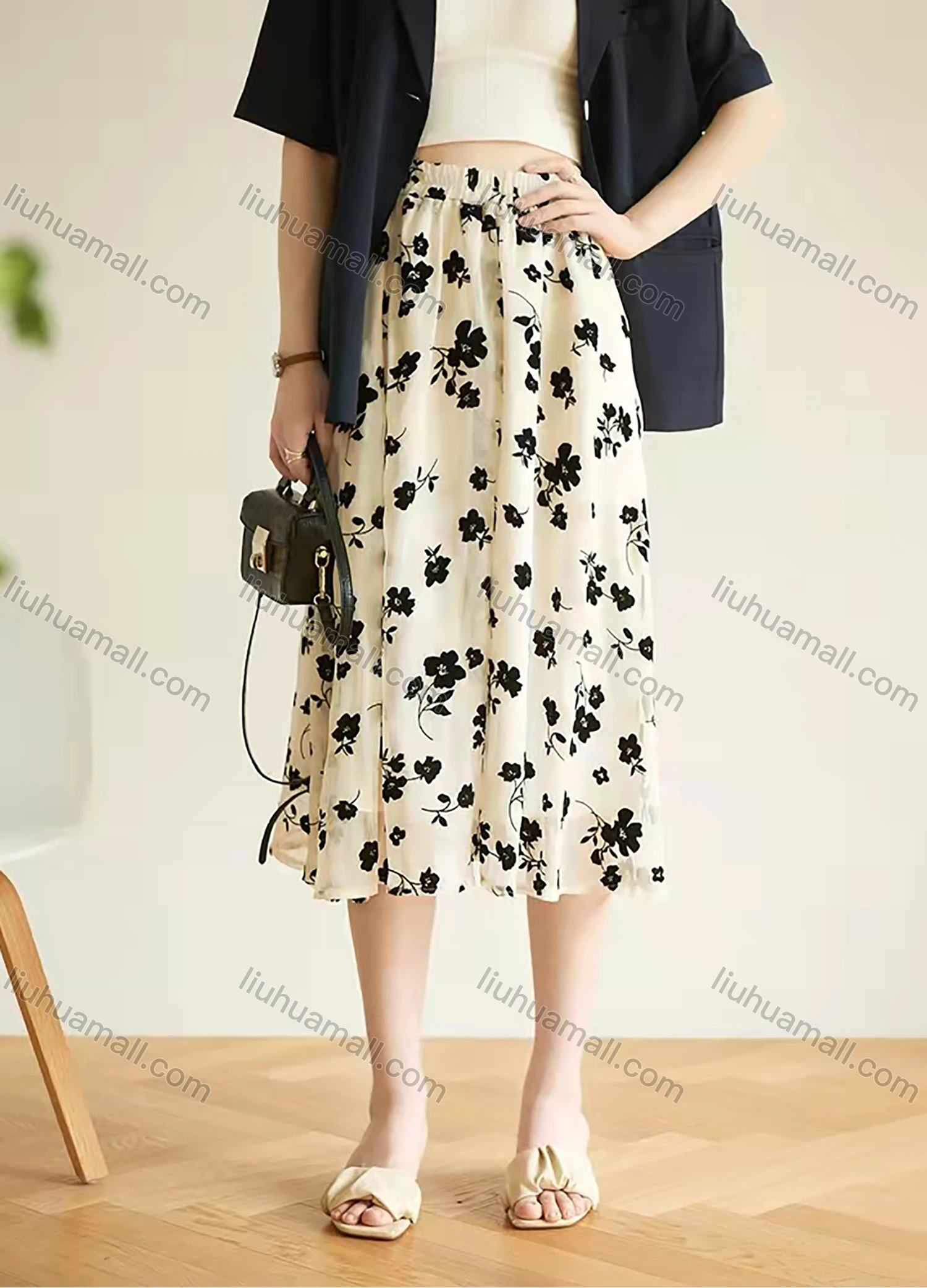 Wholesale Women's Elastic Waist Floral Print Ruffle Hem Midi Skirt AY159# - Liuhuamall