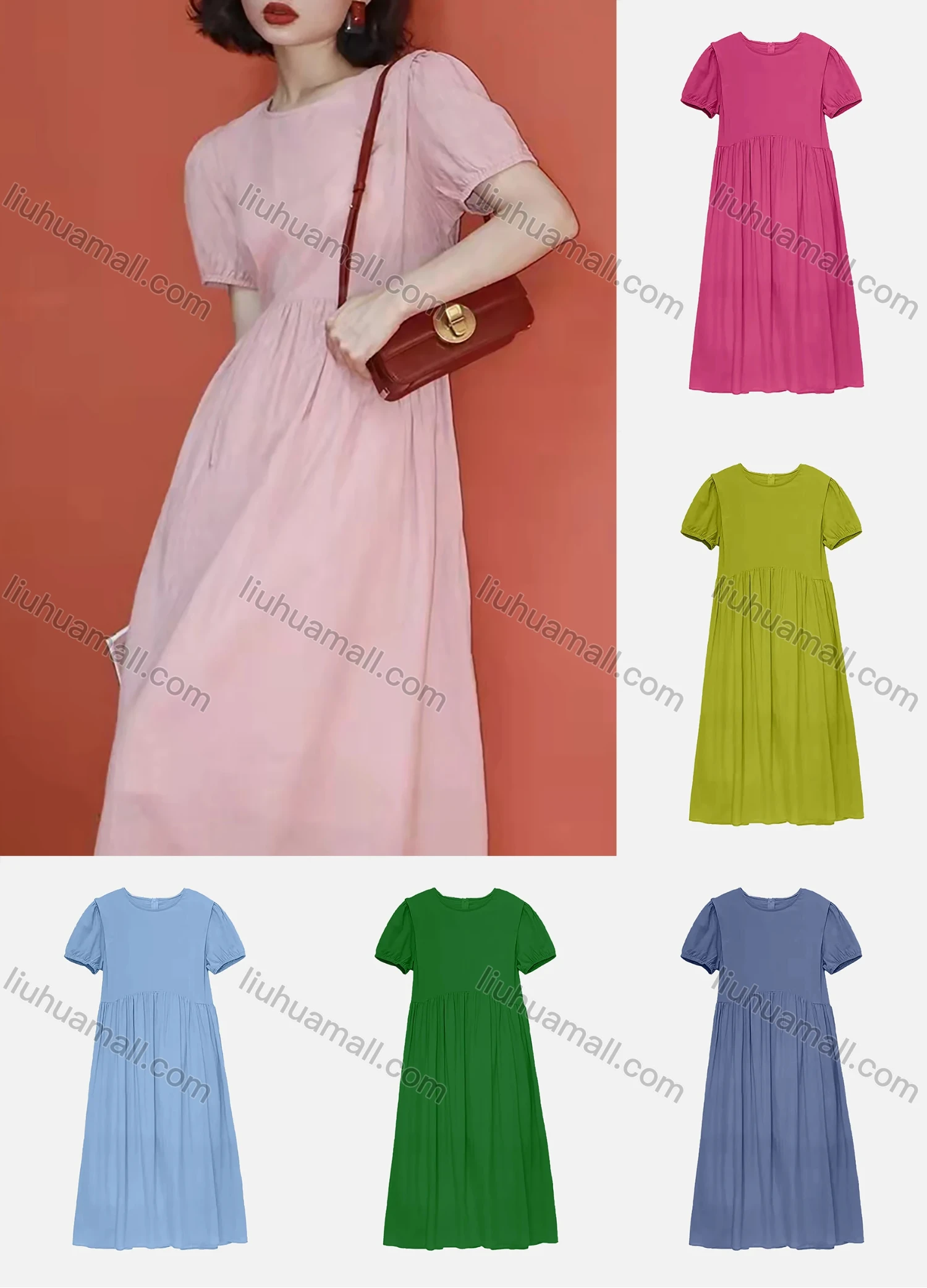 Wholesale Women's Casual High Waist Plain Round Neck Puff Sleeve Ruffle Hem Midi Tee Dress AY160# - Liuhuamall