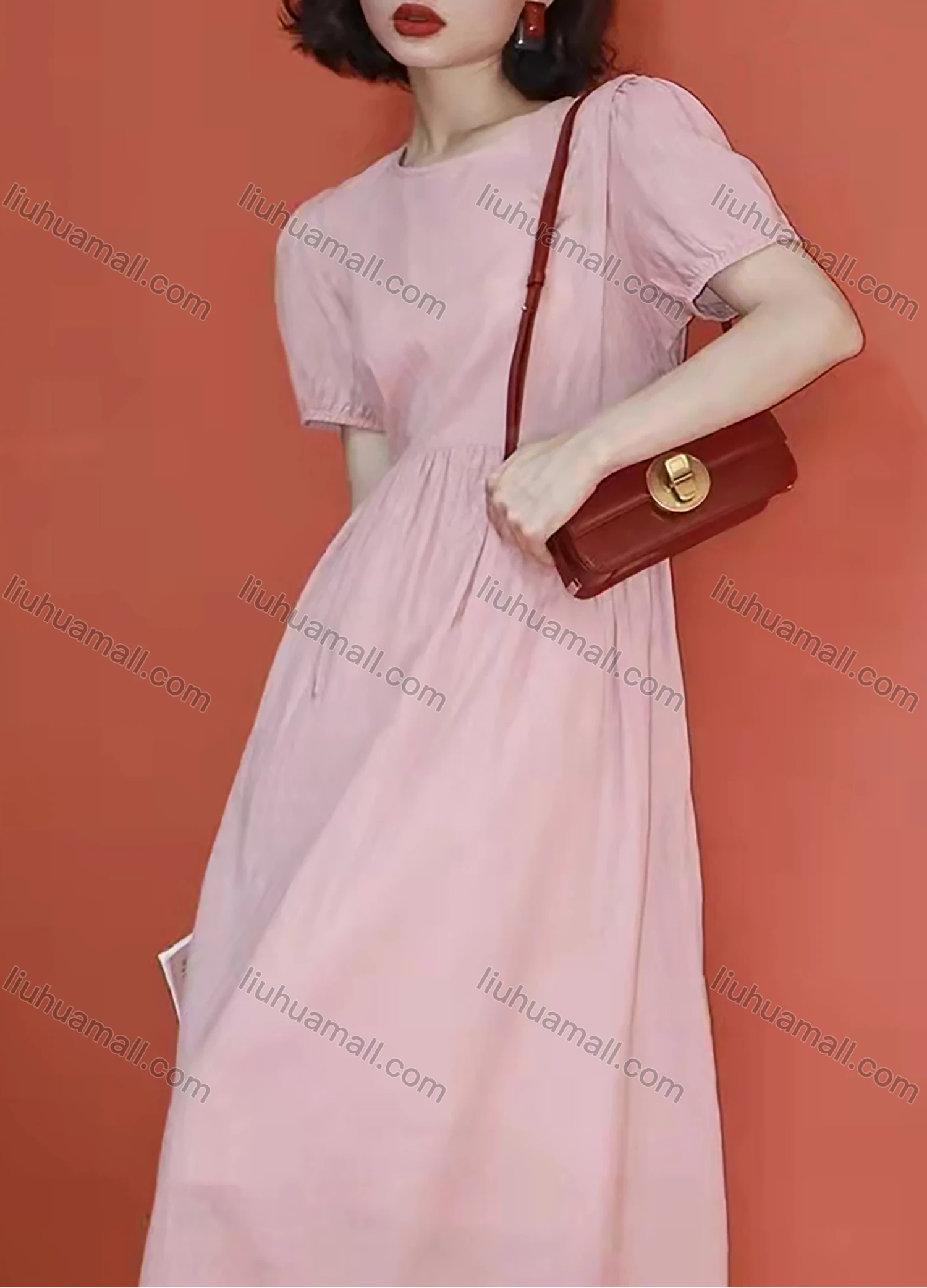 Wholesale Women's Casual High Waist Plain Round Neck Puff Sleeve Ruffle Hem Midi Tee Dress AY160# - Liuhuamall