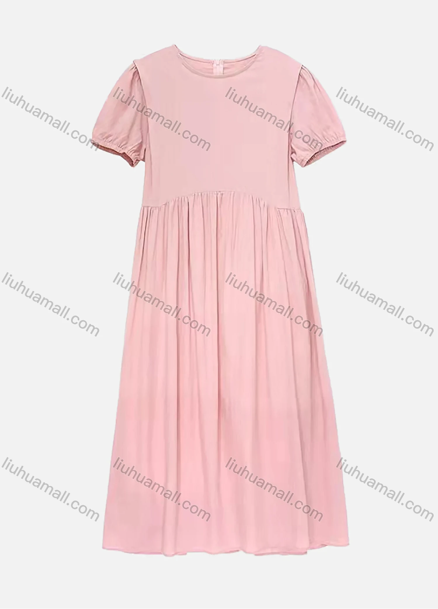 Wholesale Women's Casual High Waist Plain Round Neck Puff Sleeve Ruffle Hem Midi Tee Dress AY160# - Liuhuamall