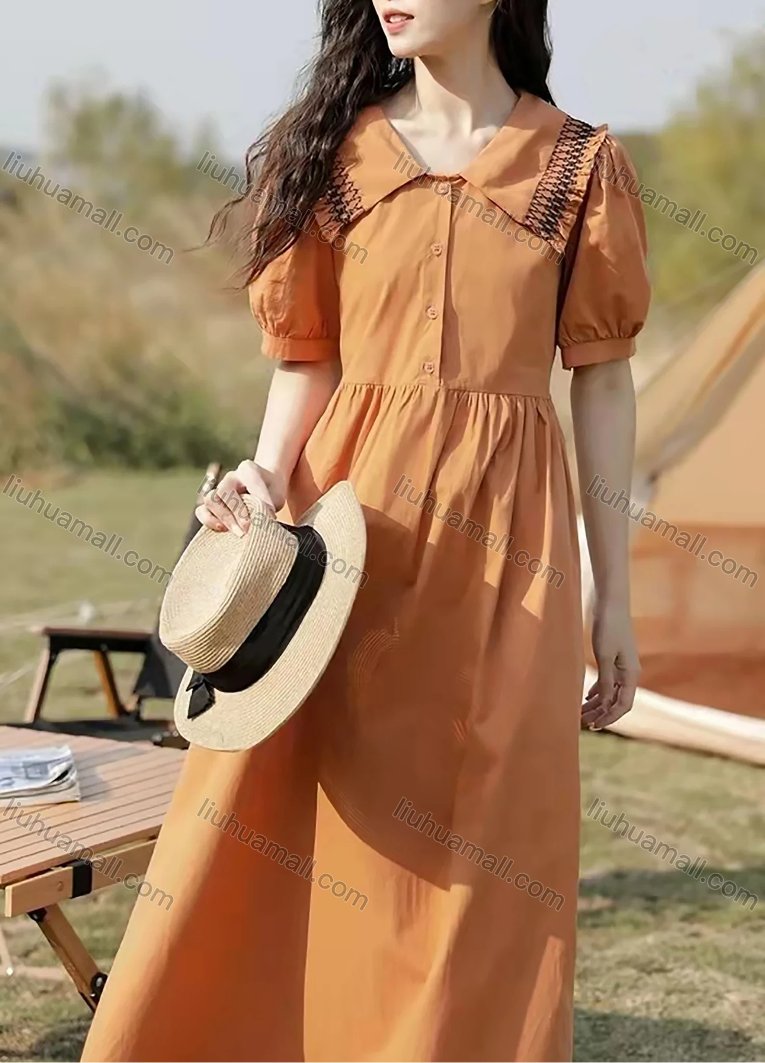 Wholesale Women's Retro Plain Peter Pan Collar Puff Sleeve Chevron Print Ruffle Trim Button Front Midi Shirt Dress AY161# - Liuhuamall