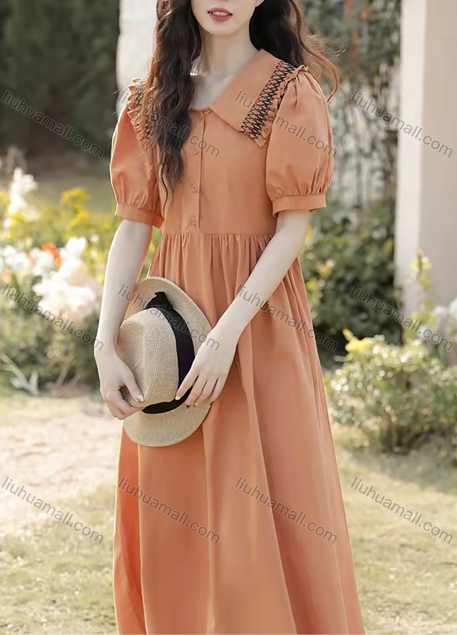 Wholesale Women's Retro Plain Peter Pan Collar Puff Sleeve Chevron Print Ruffle Trim Button Front Midi Shirt Dress AY161# - Liuhuamall