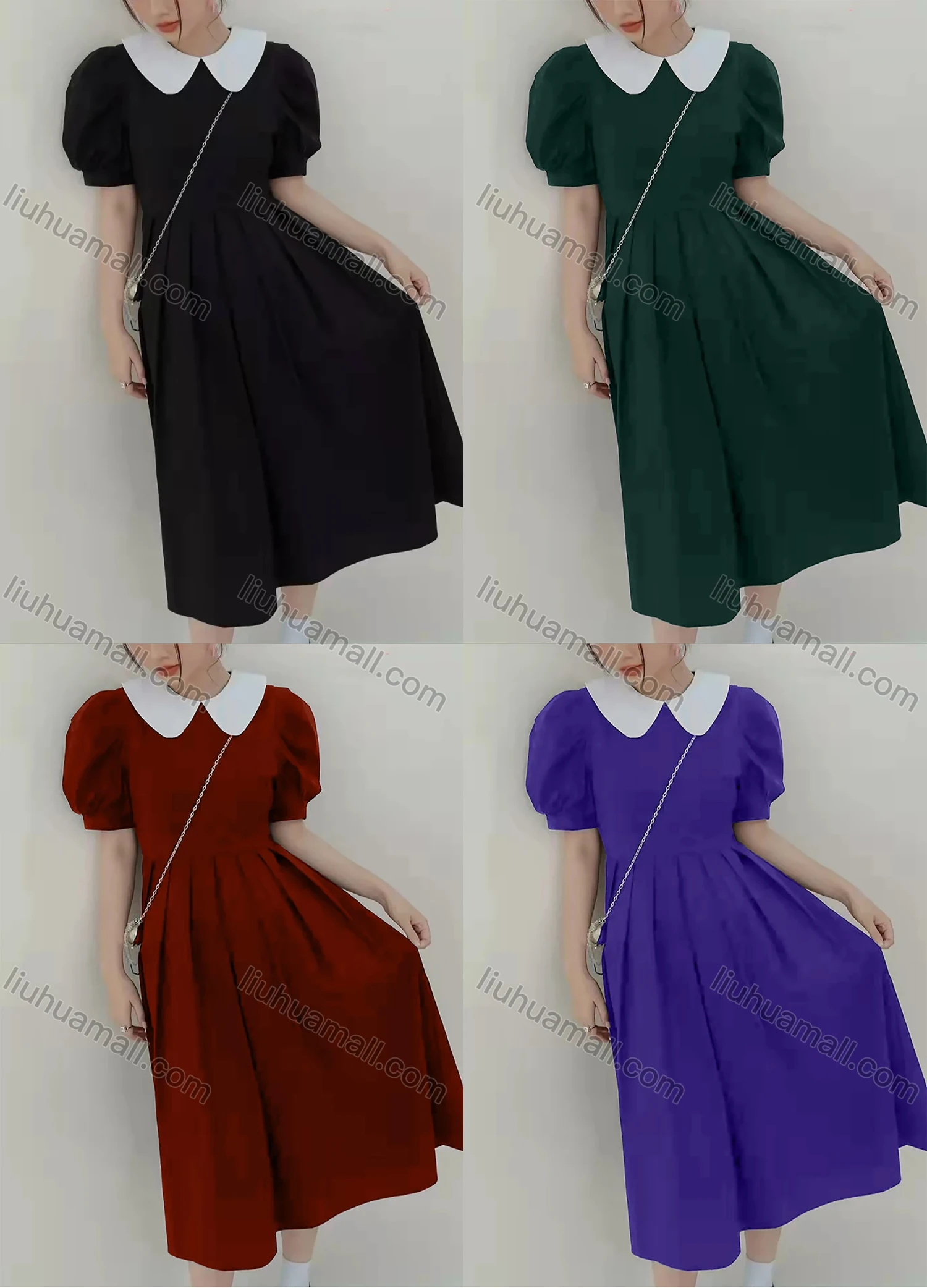 Wholesale Women's Retro Peter Pan Collar Puff Sleeve Pleated Plain Midi Dress AY162# - Liuhuamall