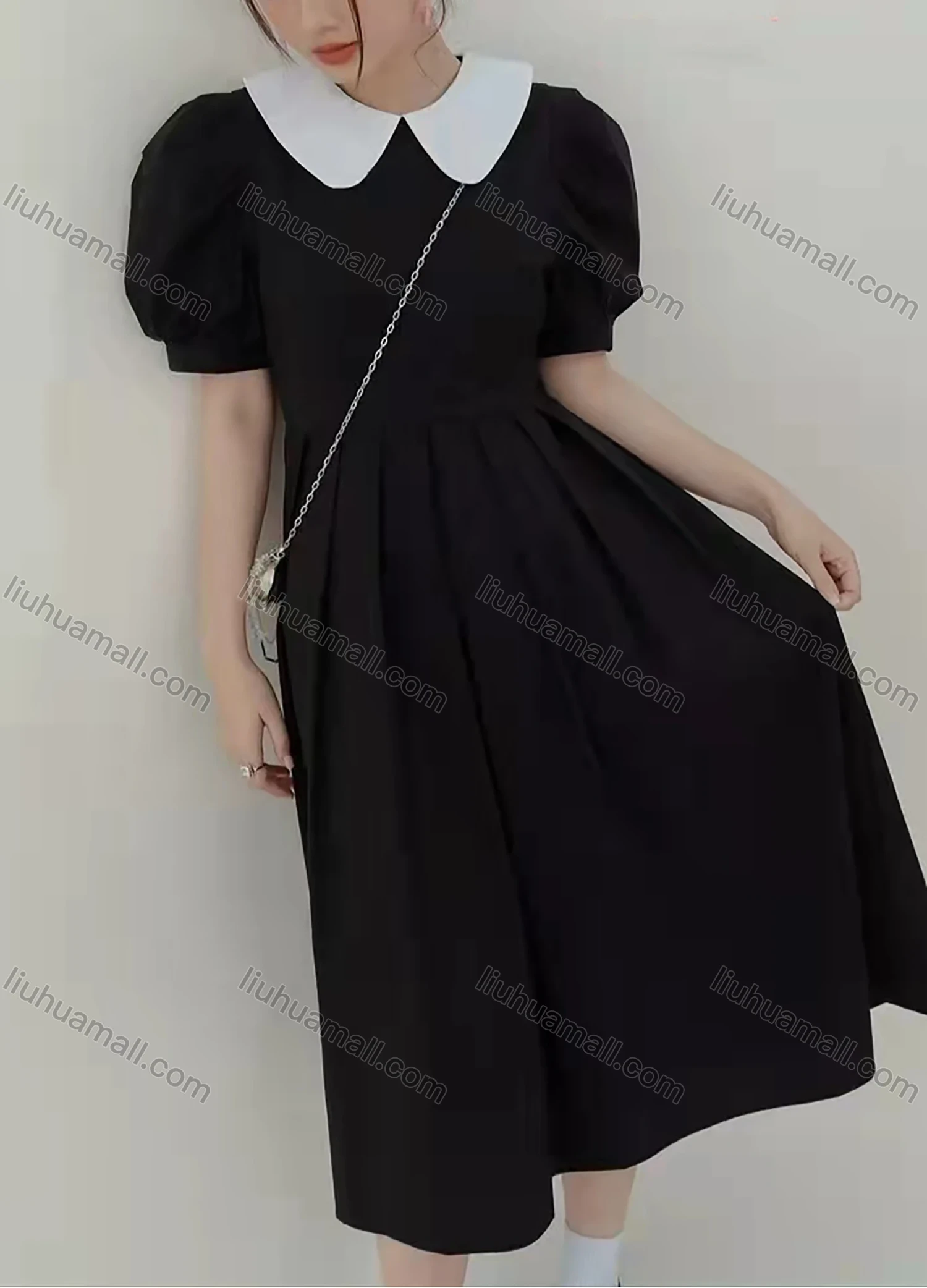 Wholesale Women's Retro Peter Pan Collar Puff Sleeve Pleated Plain Midi Dress AY162# - Liuhuamall