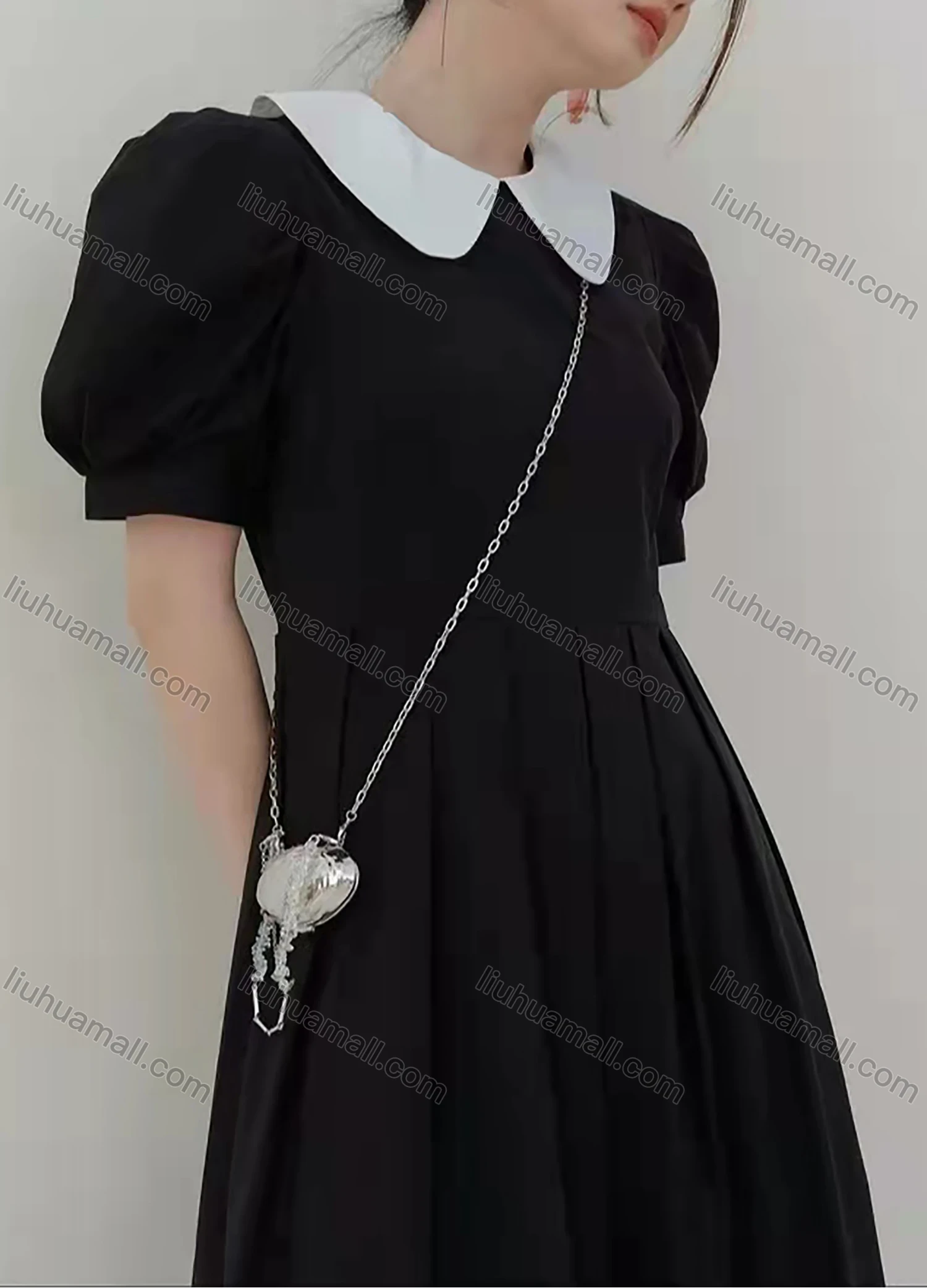 Wholesale Women's Retro Peter Pan Collar Puff Sleeve Pleated Plain Midi Dress AY162# - Liuhuamall