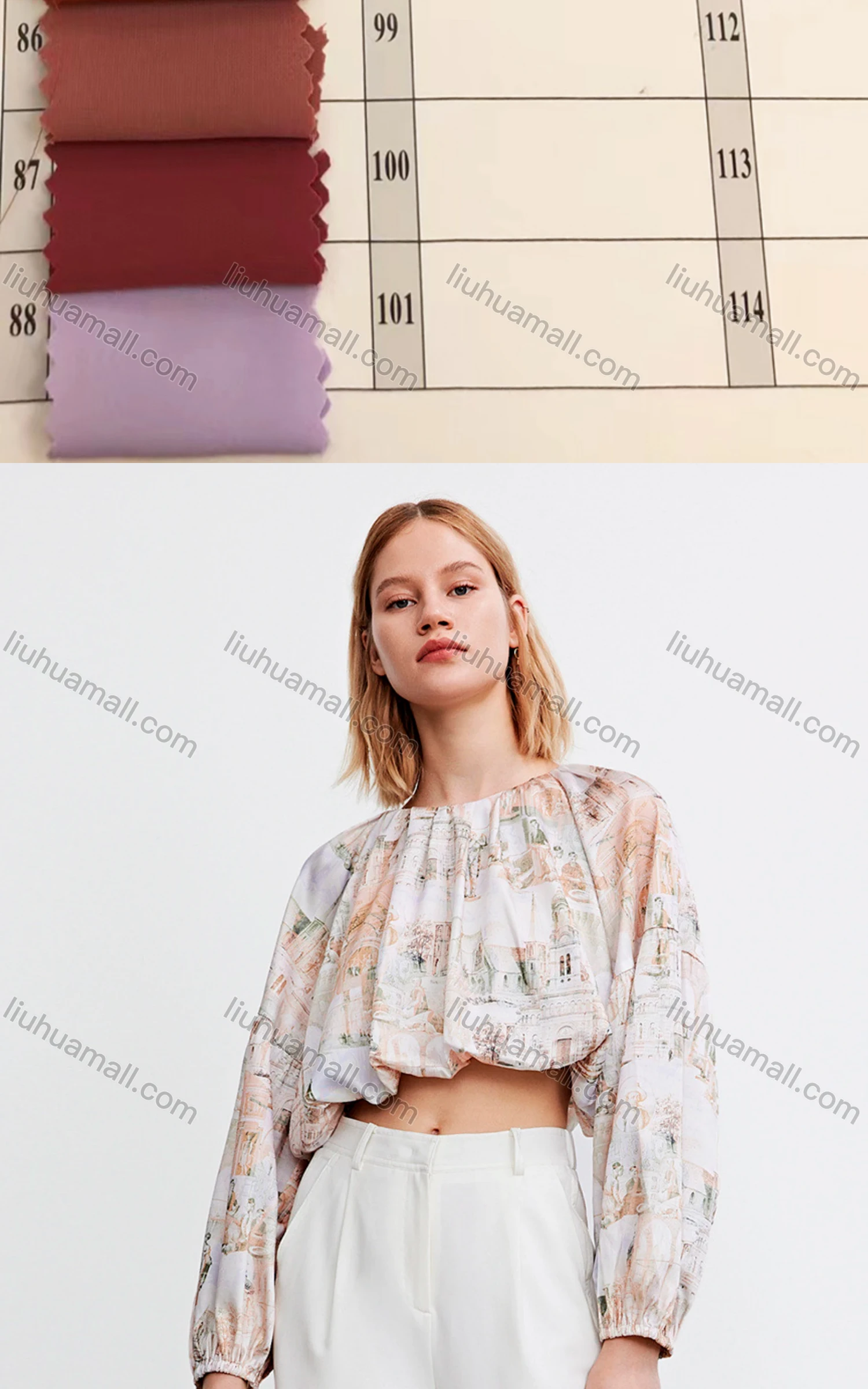 Wholesale Women's Vintage Round Neck Long Sleeve Allover Print Elastic Hem Top 682283# - Liuhuamall