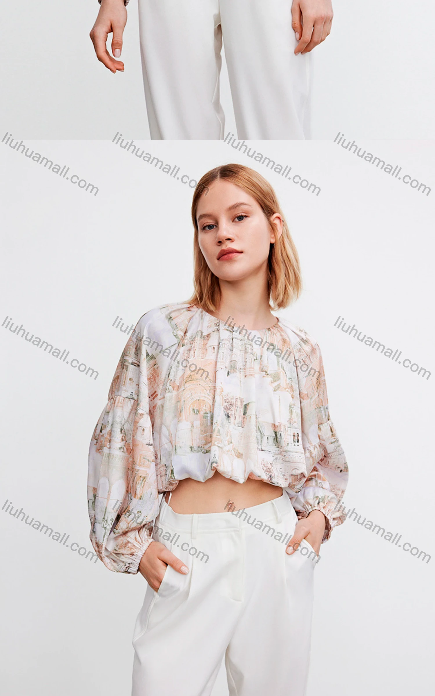 Wholesale Women's Vintage Round Neck Long Sleeve Allover Print Elastic Hem Top 682283# - Liuhuamall