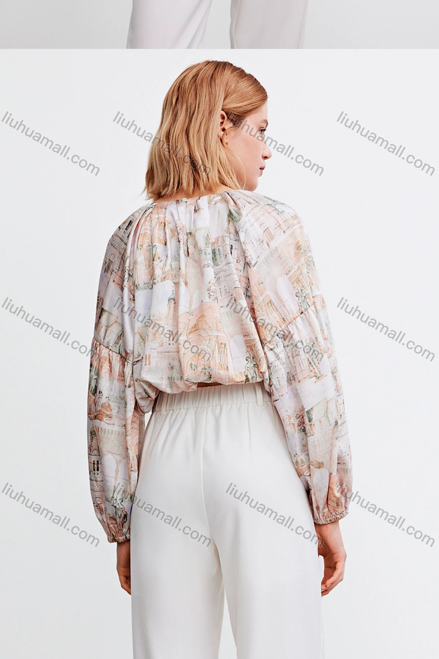 Wholesale Women's Vintage Round Neck Long Sleeve Allover Print Elastic Hem Top 682283# - Liuhuamall