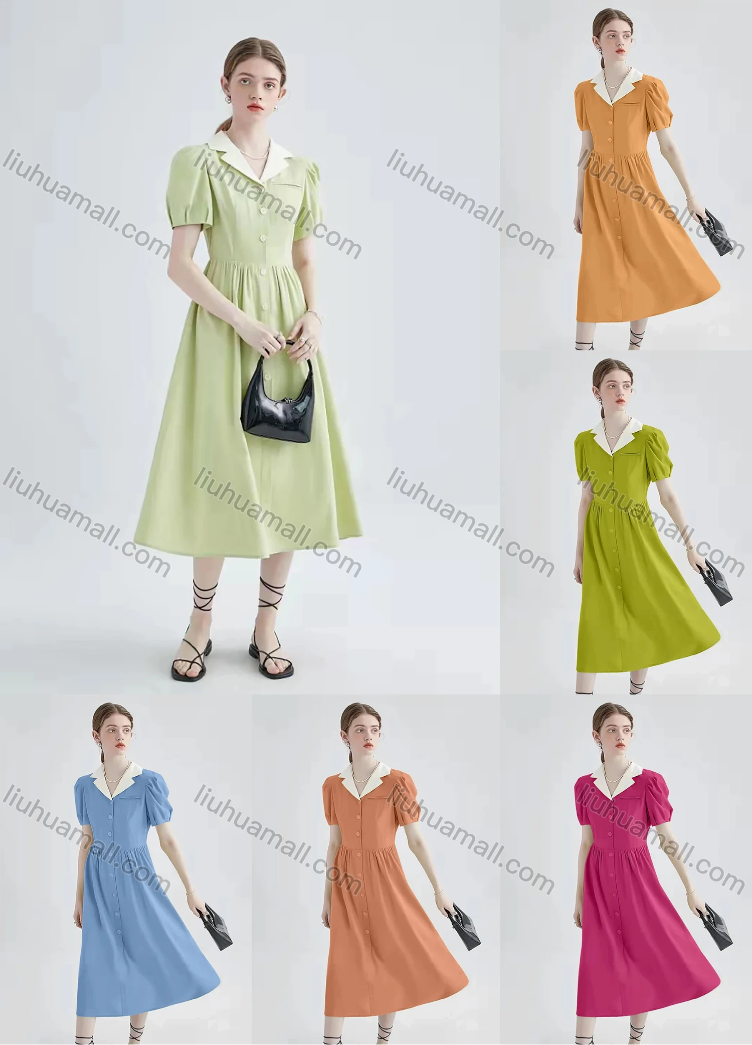 Wholesale Women's Retro Lapel Puff Sleeve Button Front Pocket Ruffle Hem Midi Shirt Dress AY163# - Liuhuamall