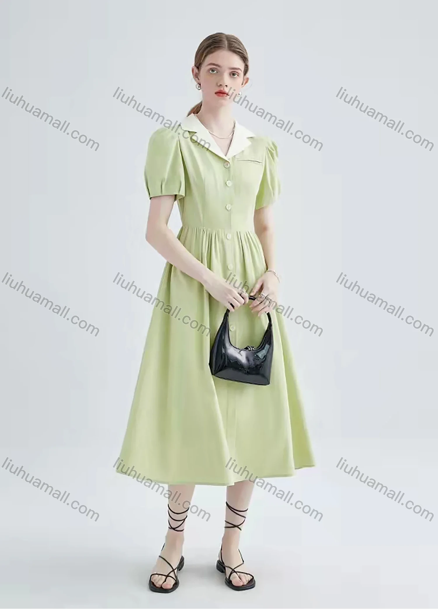 Wholesale Women's Retro Lapel Puff Sleeve Button Front Pocket Ruffle Hem Midi Shirt Dress AY163# - Liuhuamall