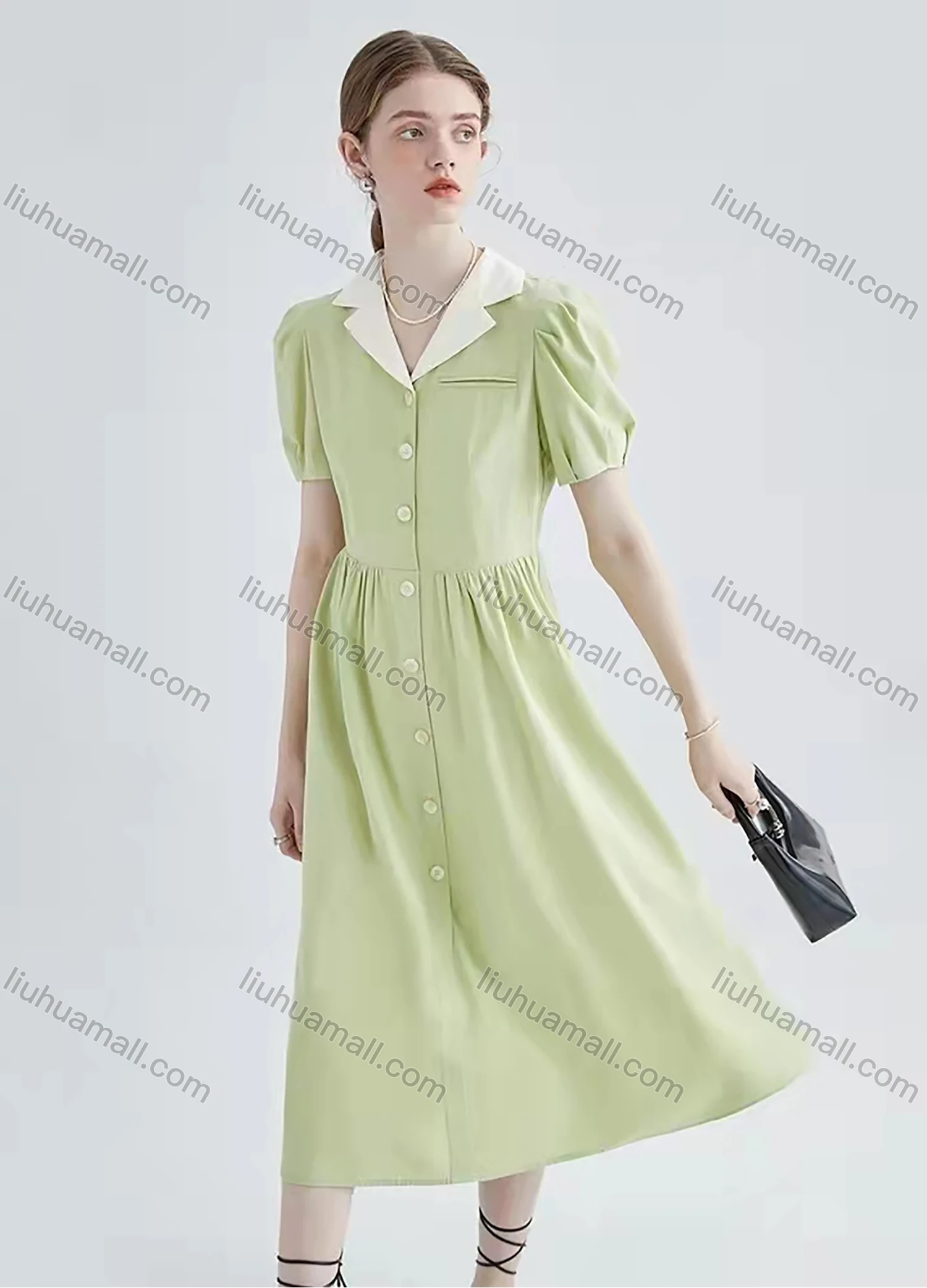 Wholesale Women's Retro Lapel Puff Sleeve Button Front Pocket Ruffle Hem Midi Shirt Dress AY163# - Liuhuamall