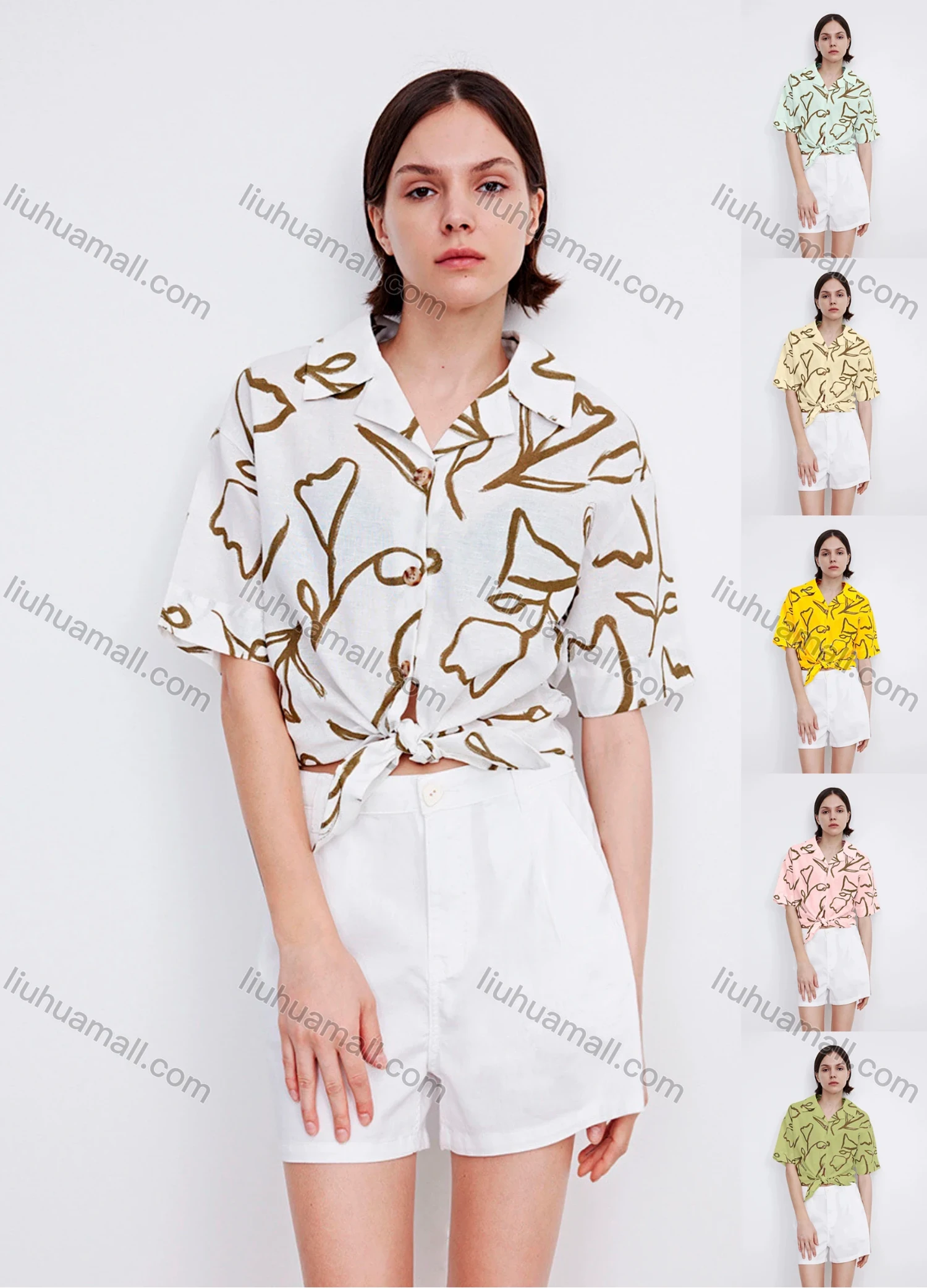 Wholesale Women's Casual Lapel Short Sleeve Floral Print Tie Front Shirt 706882# - Liuhuamall