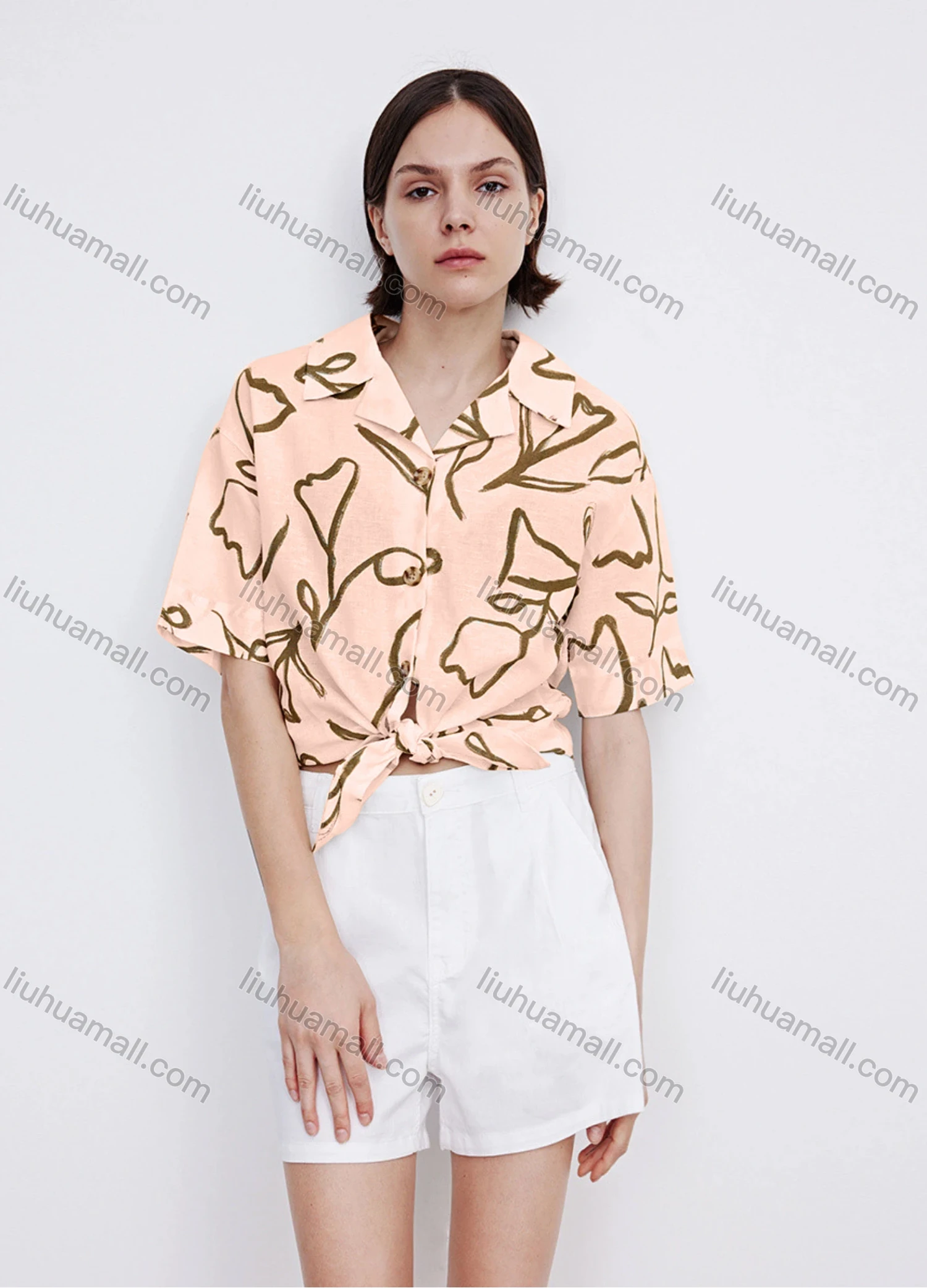 Wholesale Women's Casual Lapel Short Sleeve Floral Print Tie Front Shirt 706882# - Liuhuamall