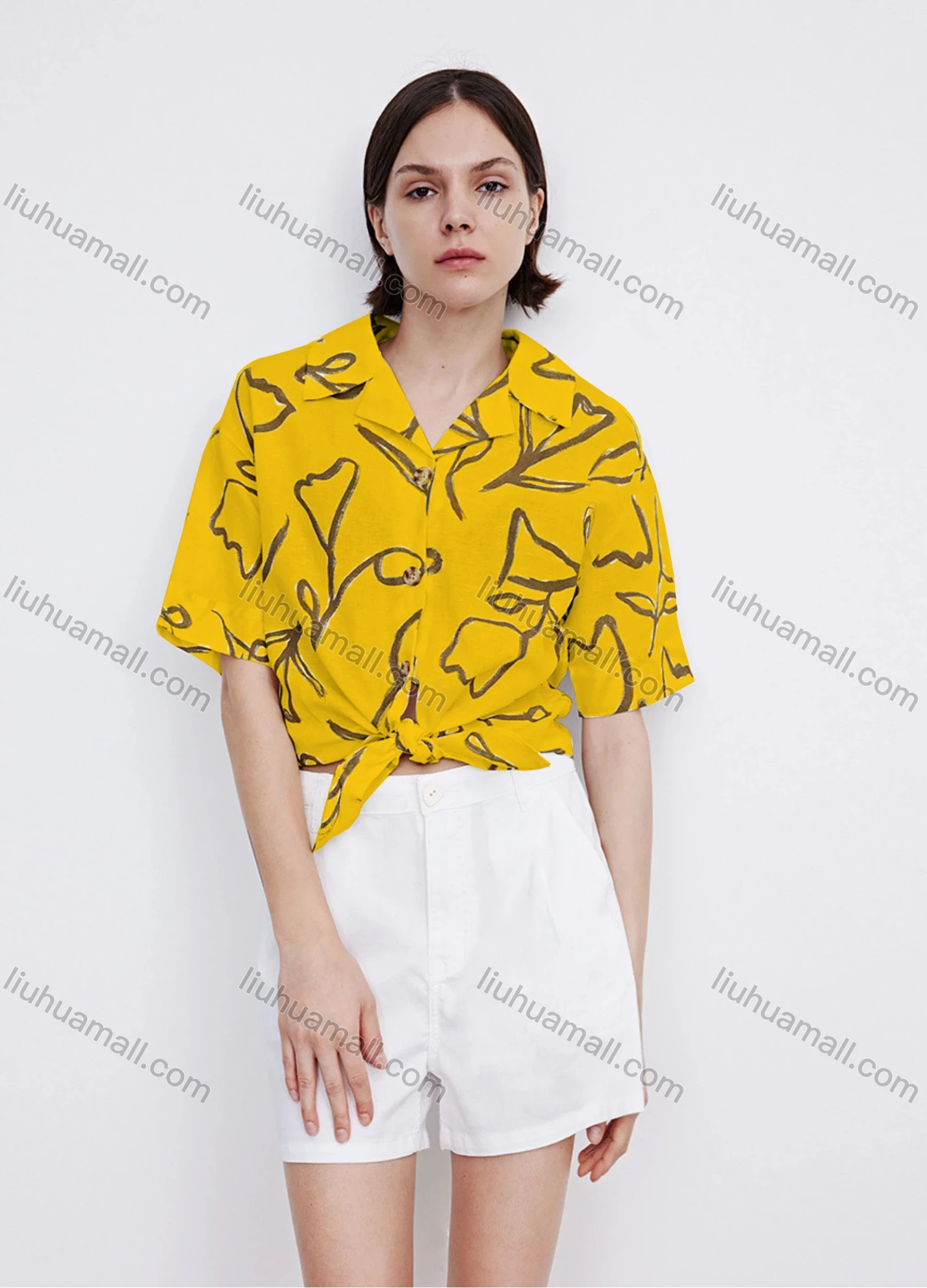Wholesale Women's Casual Lapel Short Sleeve Floral Print Tie Front Shirt 706882# - Liuhuamall