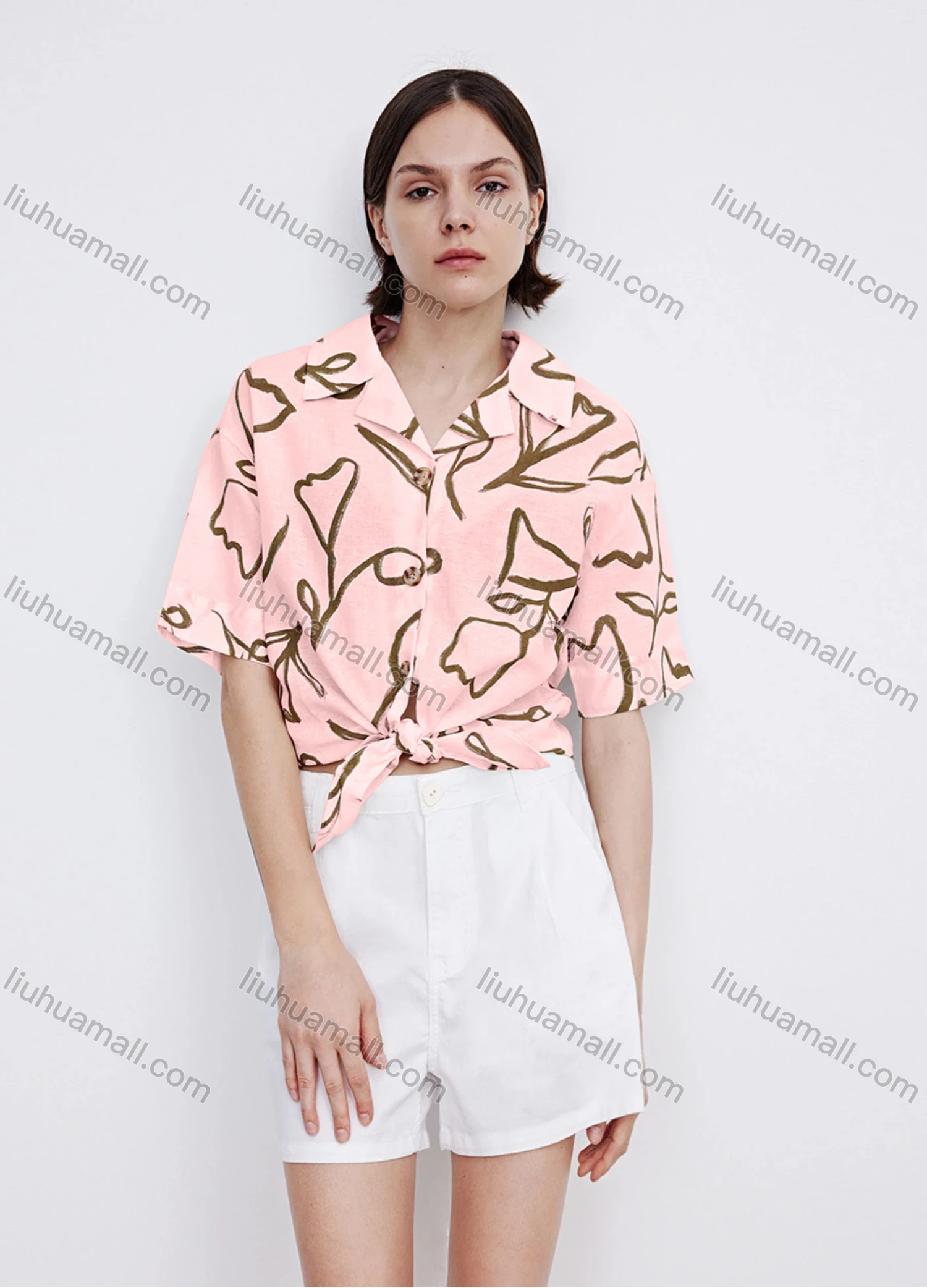 Wholesale Women's Casual Lapel Short Sleeve Floral Print Tie Front Shirt 706882# - Liuhuamall