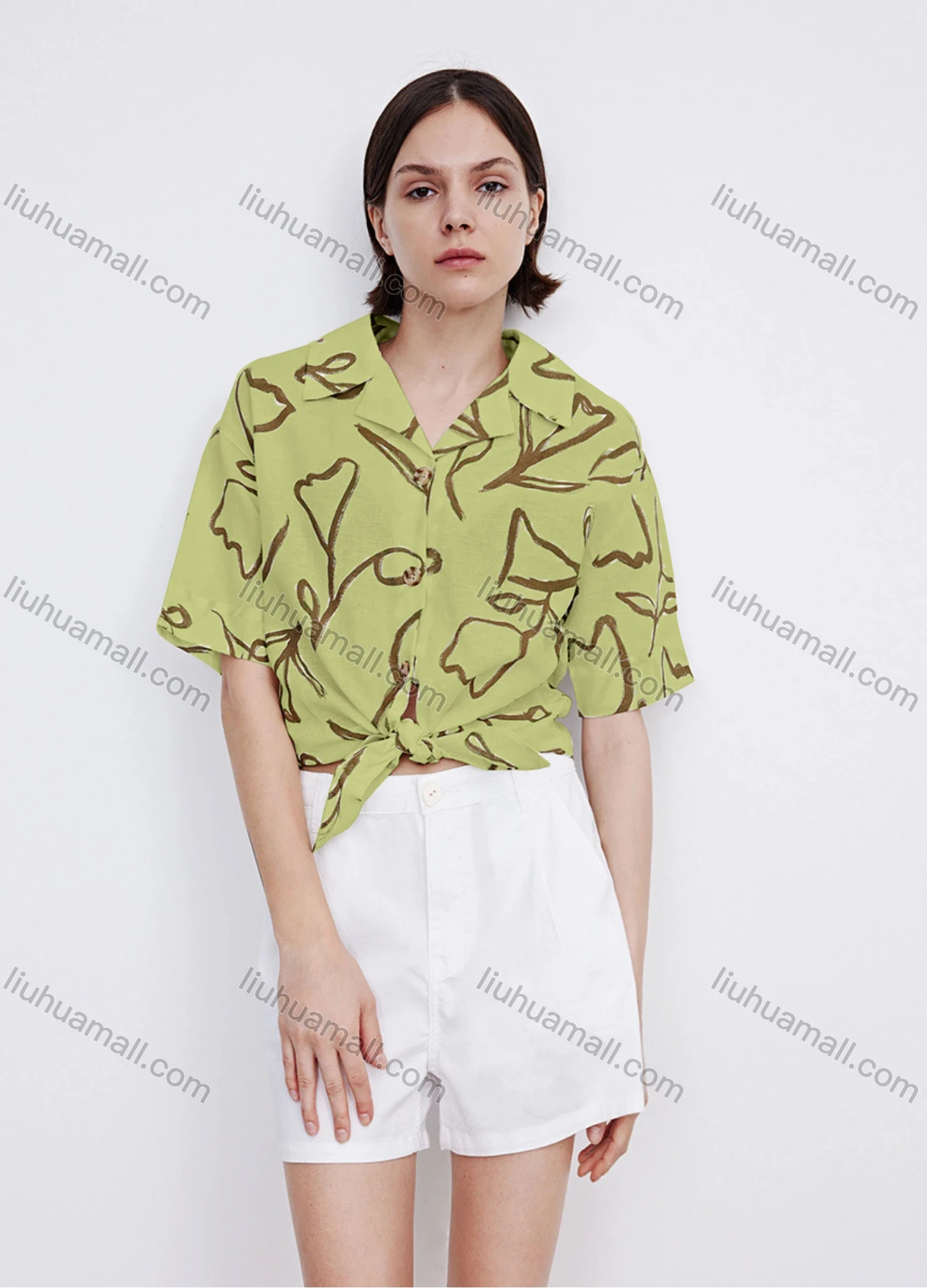 Wholesale Women's Casual Lapel Short Sleeve Floral Print Tie Front Shirt 706882# - Liuhuamall