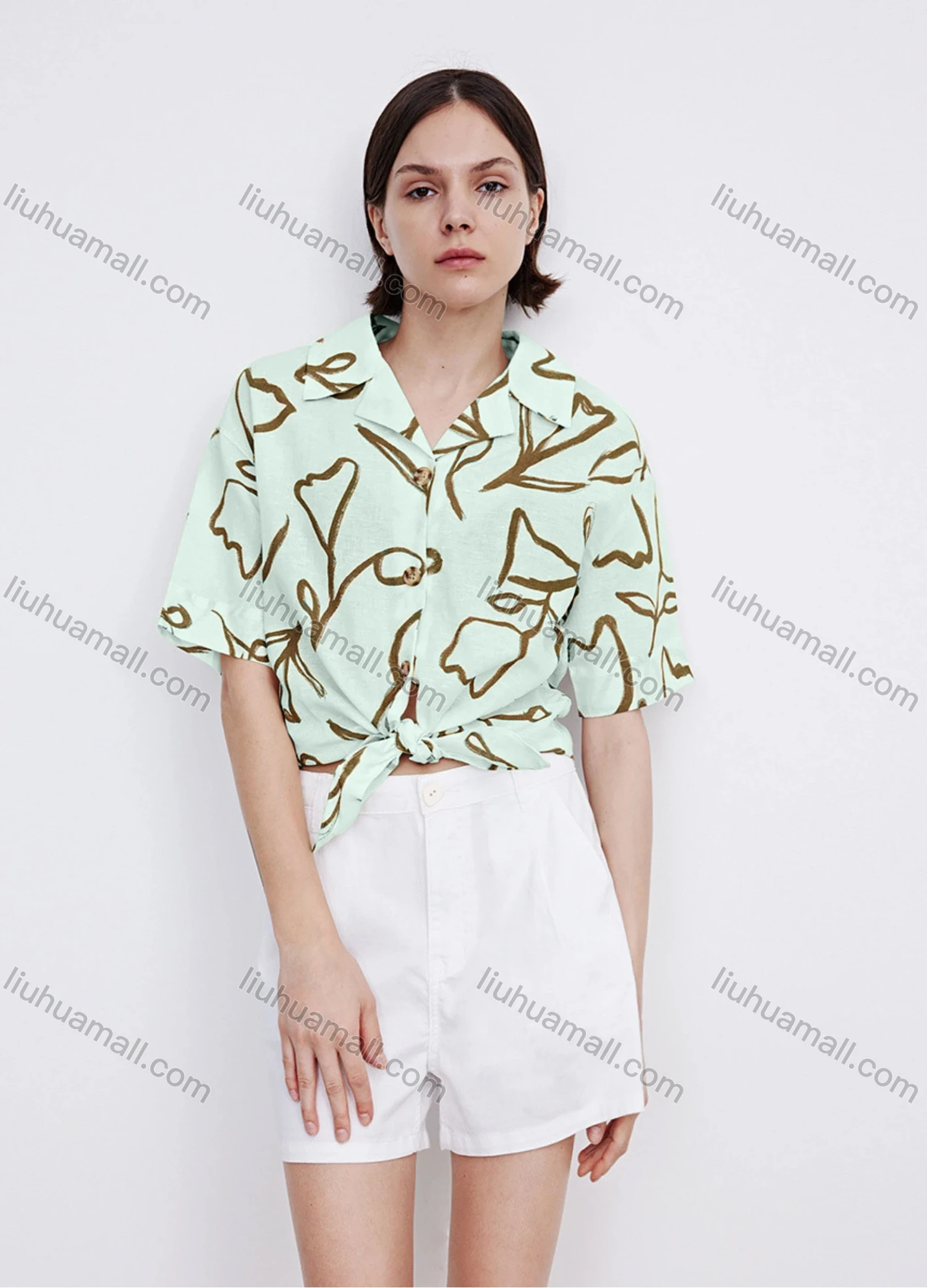 Wholesale Women's Casual Lapel Short Sleeve Floral Print Tie Front Shirt 706882# - Liuhuamall