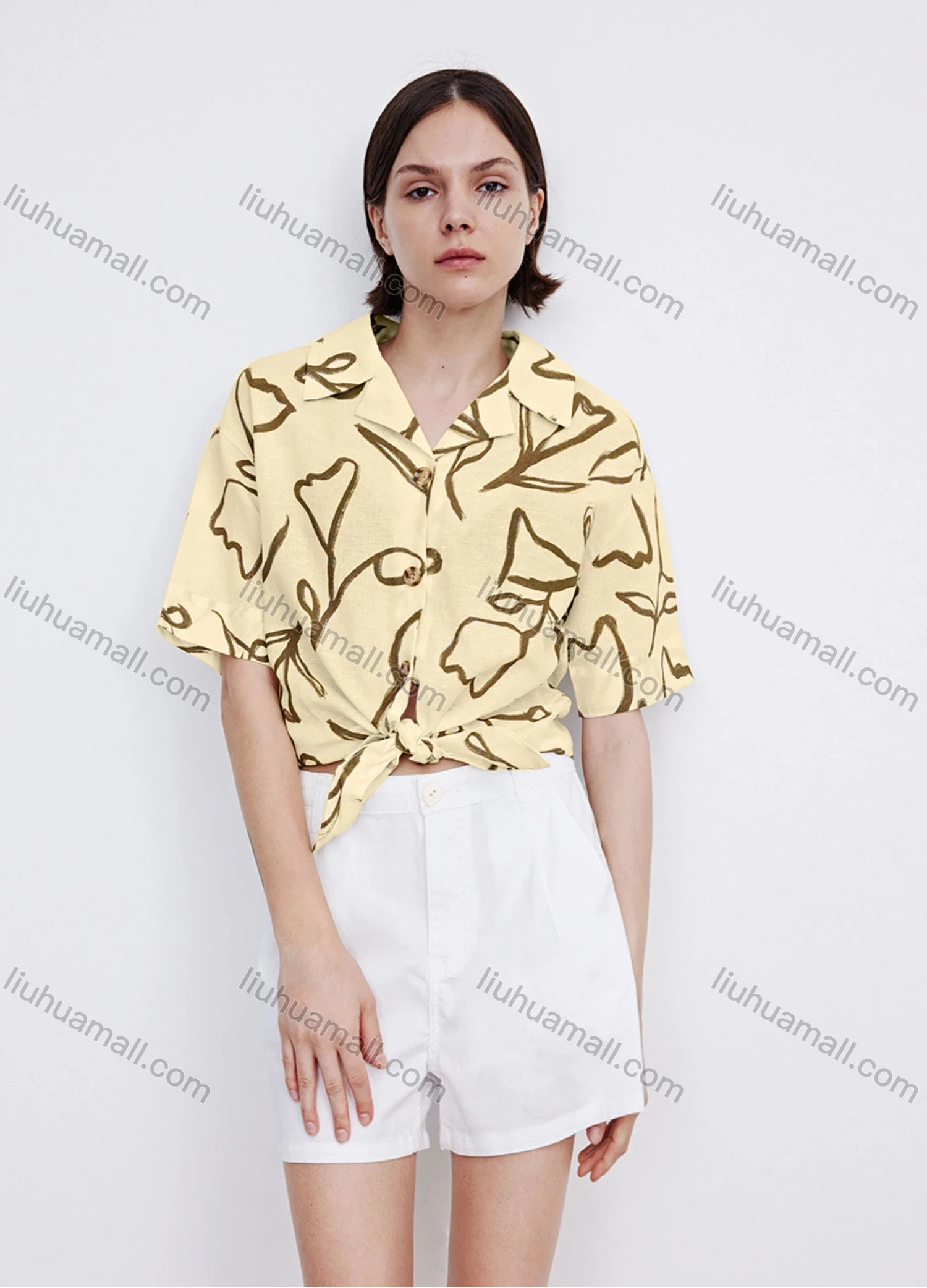 Wholesale Women's Casual Lapel Short Sleeve Floral Print Tie Front Shirt 706882# - Liuhuamall