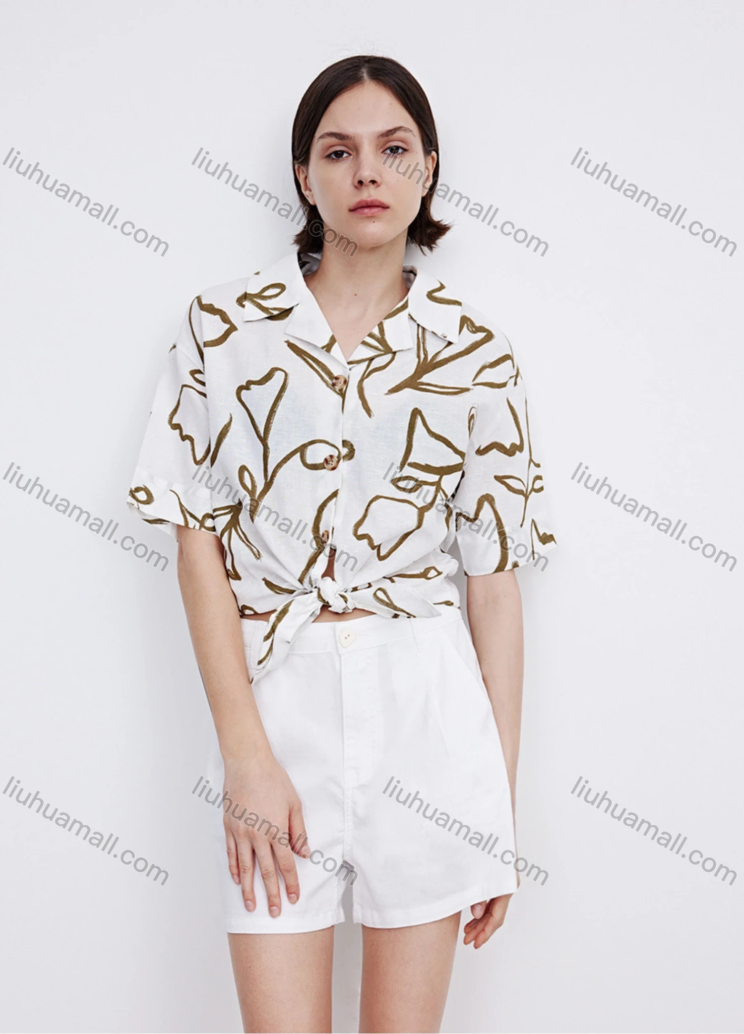 Wholesale Women's Casual Lapel Short Sleeve Floral Print Tie Front Shirt 706882# - Liuhuamall