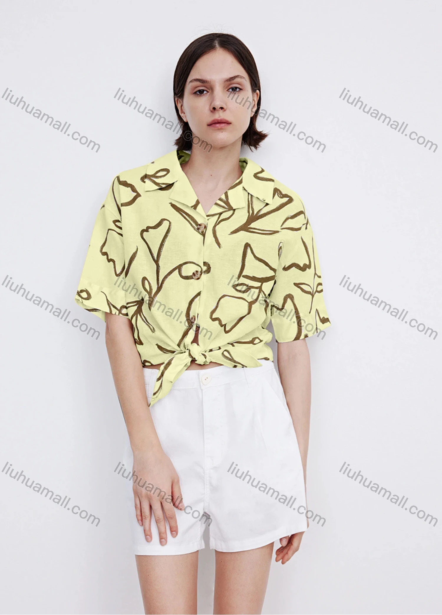 Wholesale Women's Casual Lapel Short Sleeve Floral Print Tie Front Shirt 706882# - Liuhuamall