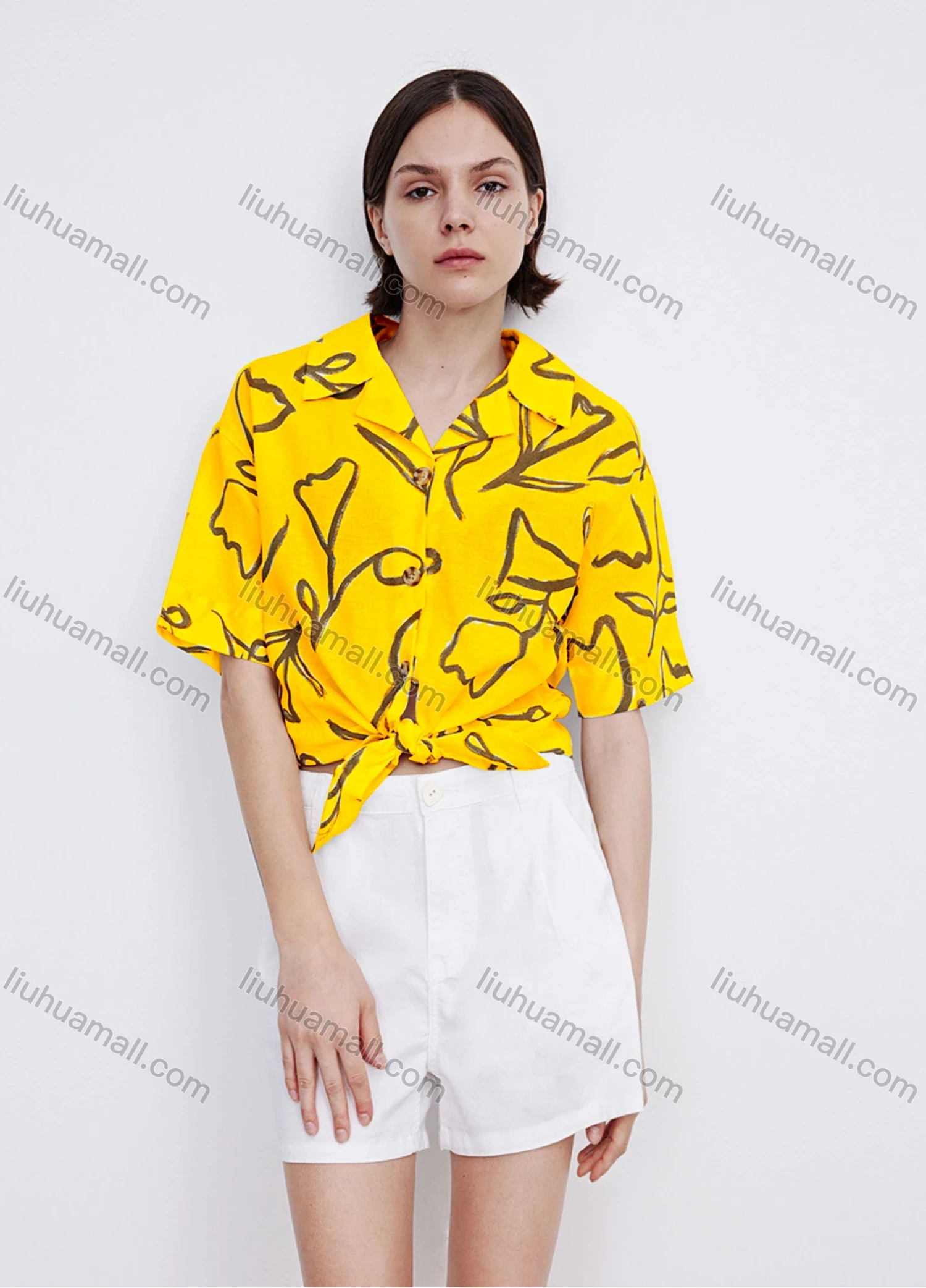 Wholesale Women's Casual Lapel Short Sleeve Floral Print Tie Front Shirt 706882# - Liuhuamall