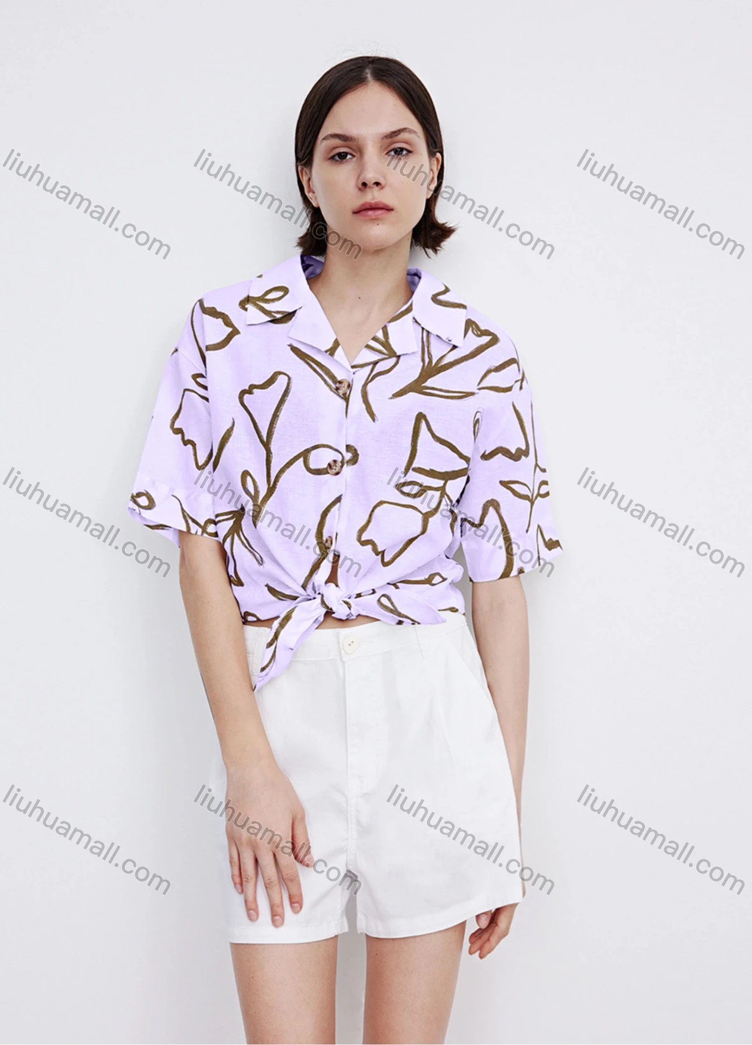 Wholesale Women's Casual Lapel Short Sleeve Floral Print Tie Front Shirt 706882# - Liuhuamall