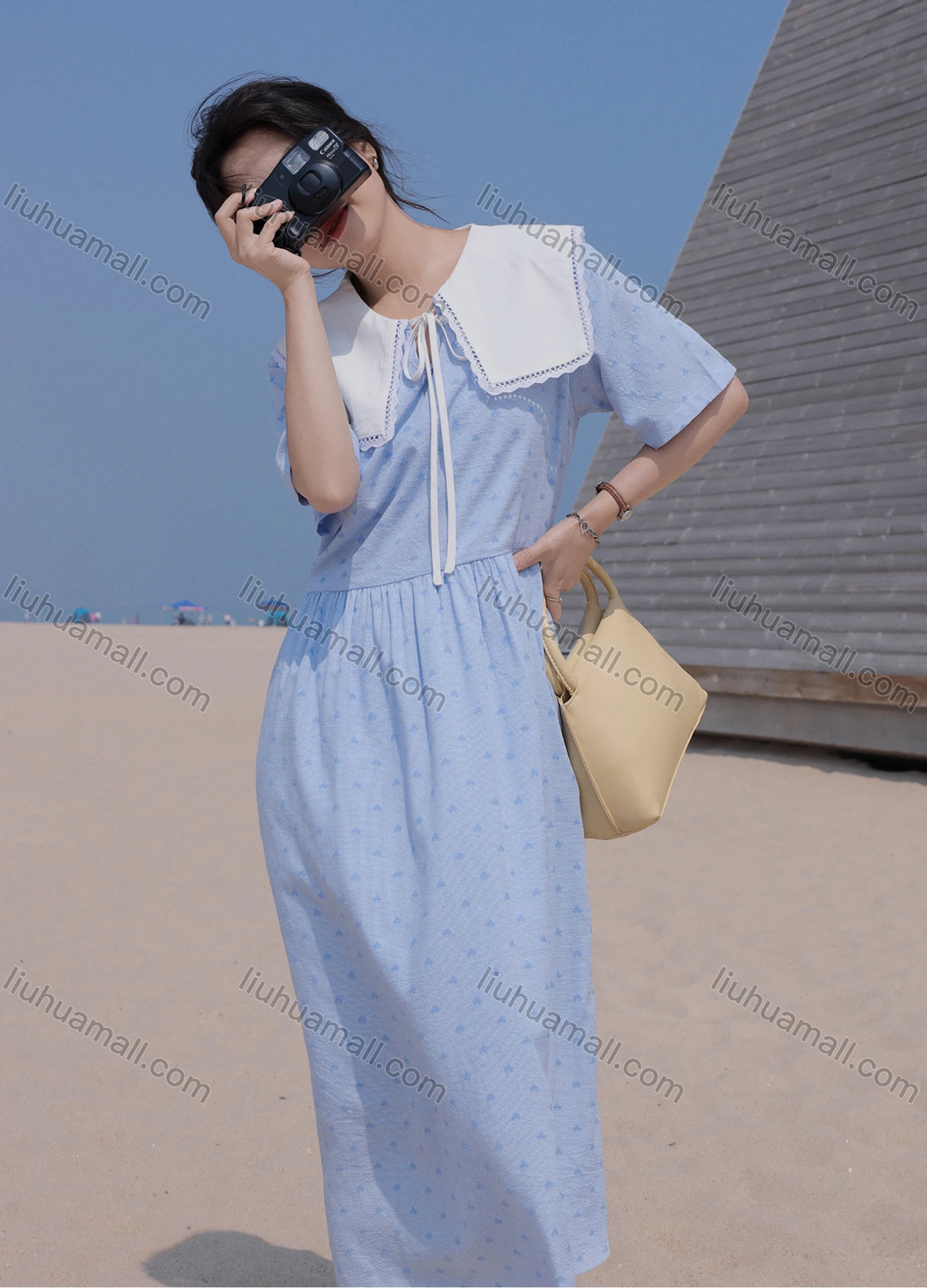 Wholesale Women's Retro Peter Pan Collar Short Sleeve Allover Print Lace Up Ruffle Hem Midi Dress With Belt AY164# - Liuhuamall