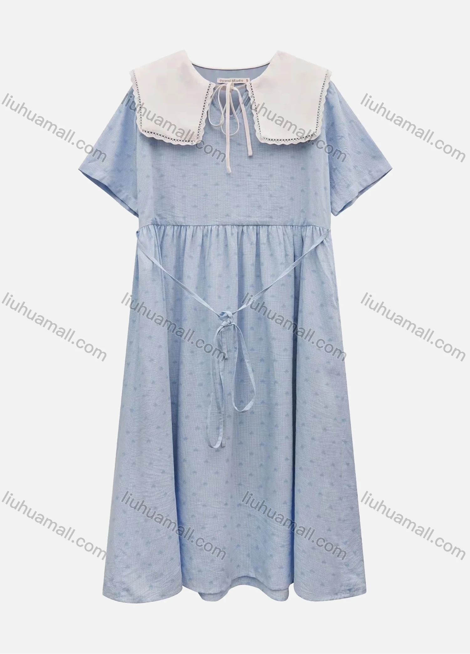 Wholesale Women's Retro Peter Pan Collar Short Sleeve Allover Print Lace Up Ruffle Hem Midi Dress With Belt AY164# - Liuhuamall