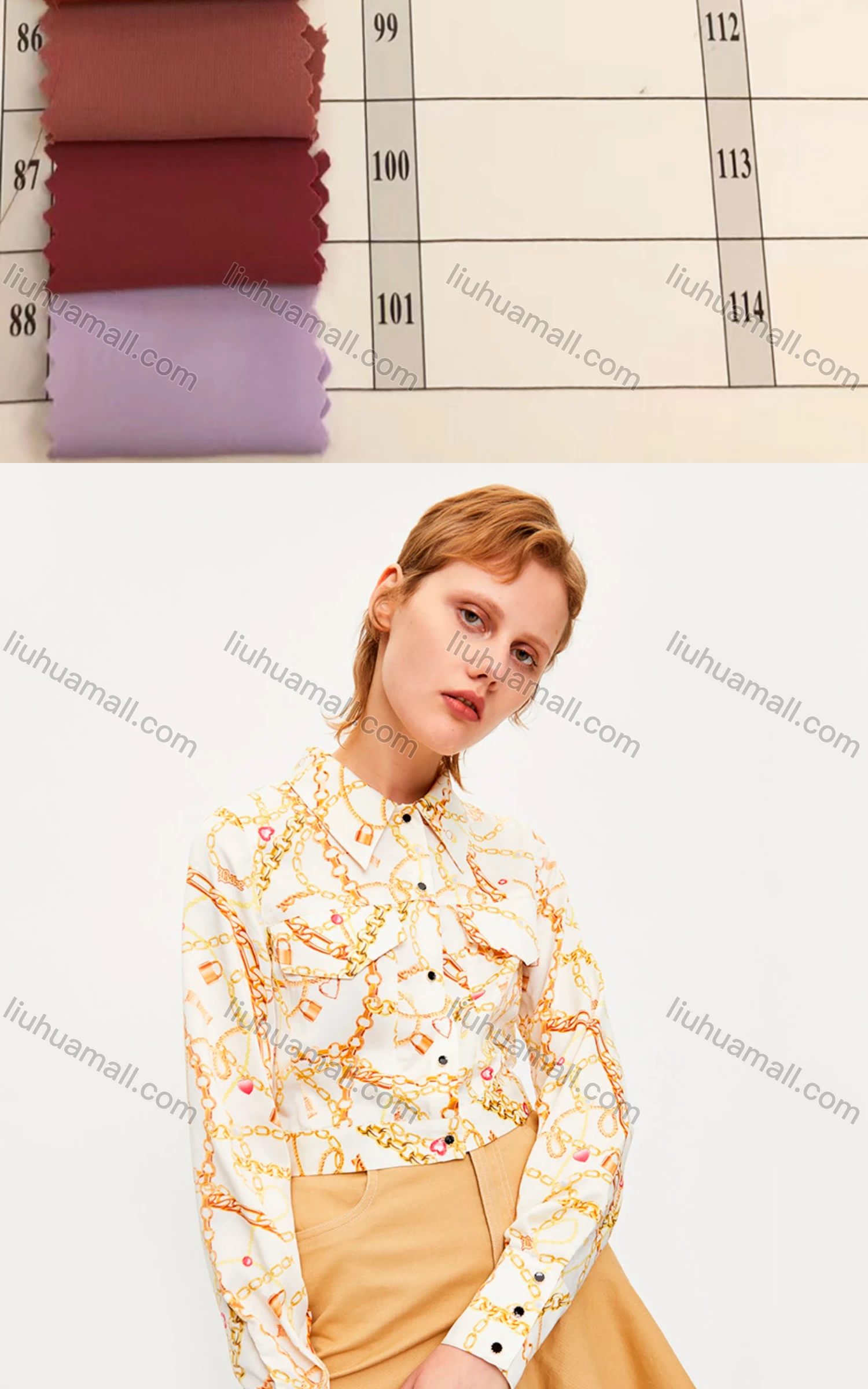 Wholesale Women's Vintage Long Sleeve Double Flap Pockets Chain Print Crop Shirt 727235# - Liuhuamall