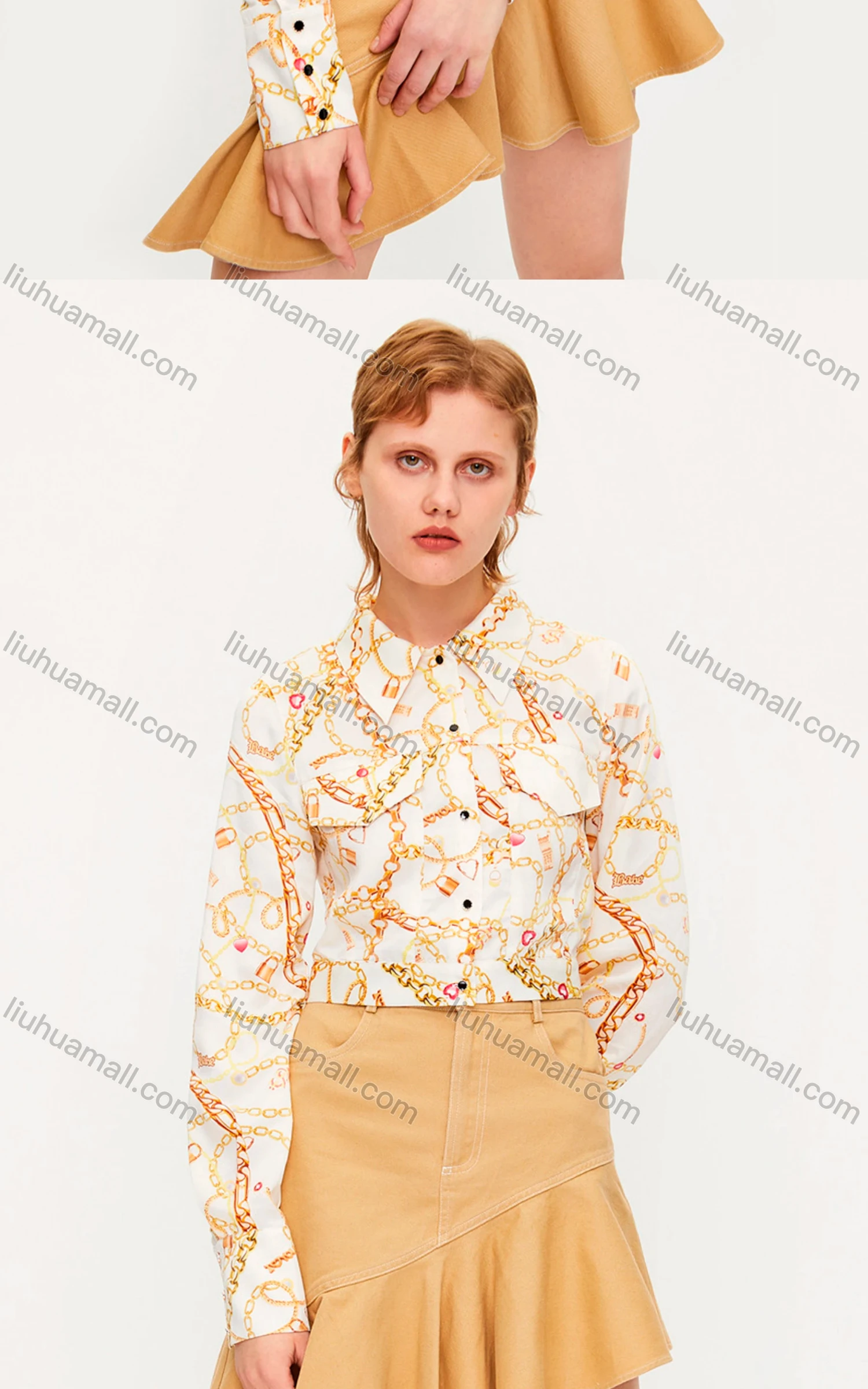 Wholesale Women's Vintage Long Sleeve Double Flap Pockets Chain Print Crop Shirt 727235# - Liuhuamall