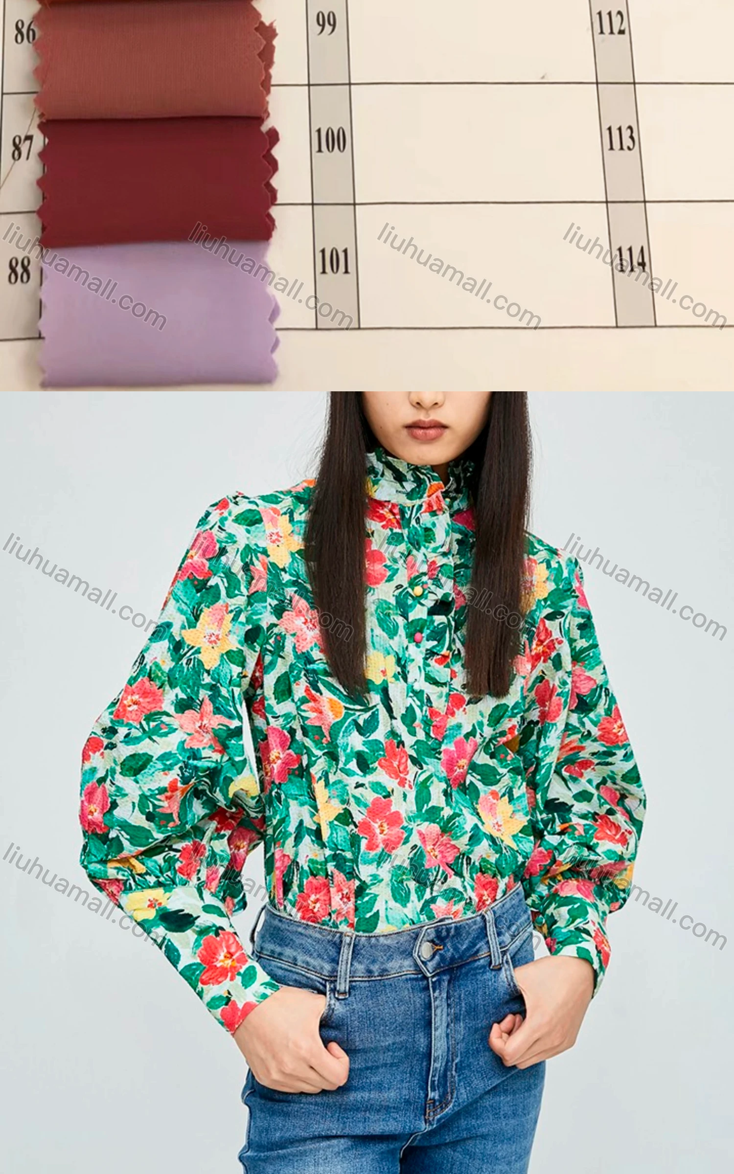 Wholesale Women's Casual Bishop Sleeve Stand Collar Floral Print Button Front Top 749855# - Liuhuamall