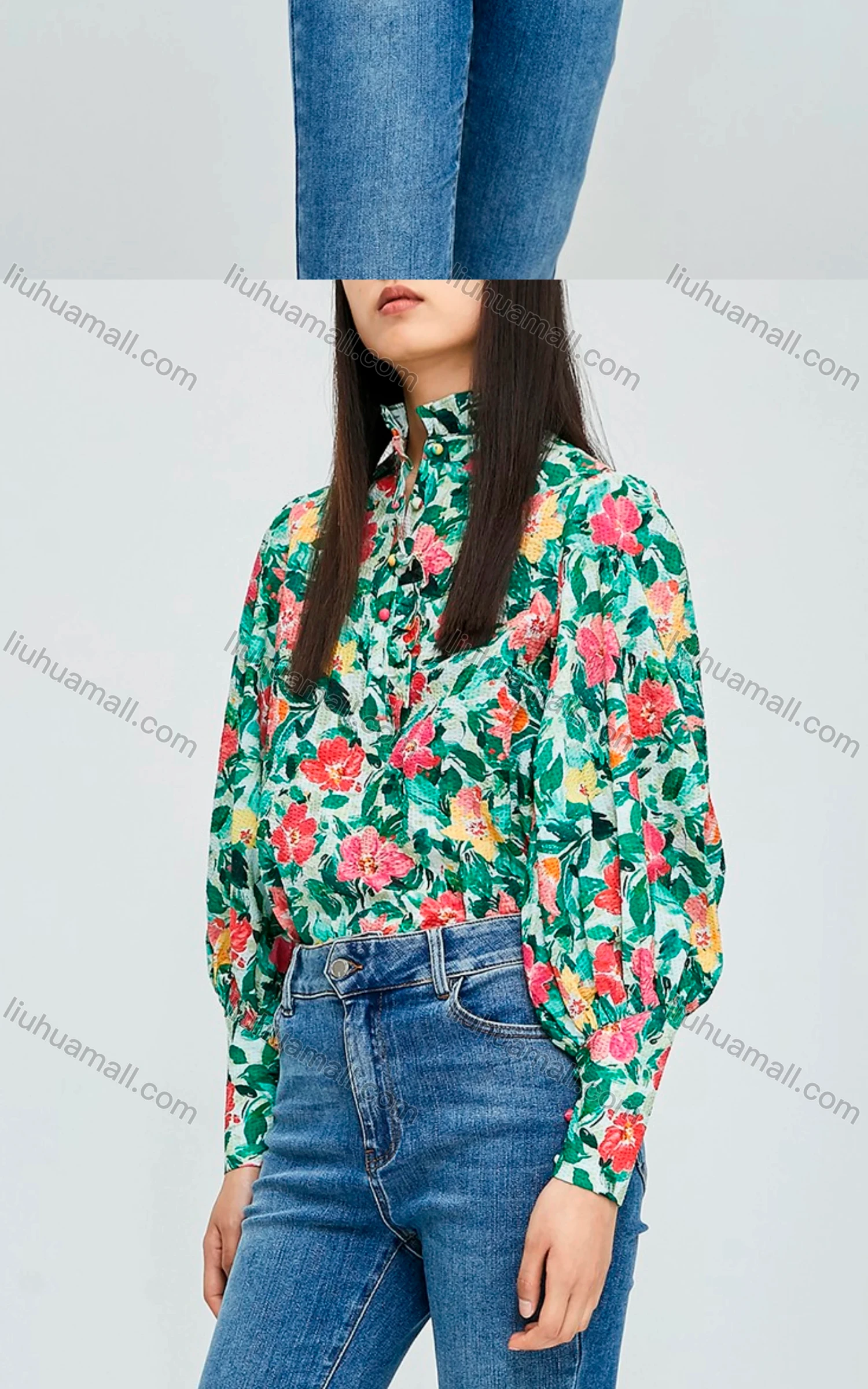 Wholesale Women's Casual Bishop Sleeve Stand Collar Floral Print Button Front Top 749855# - Liuhuamall