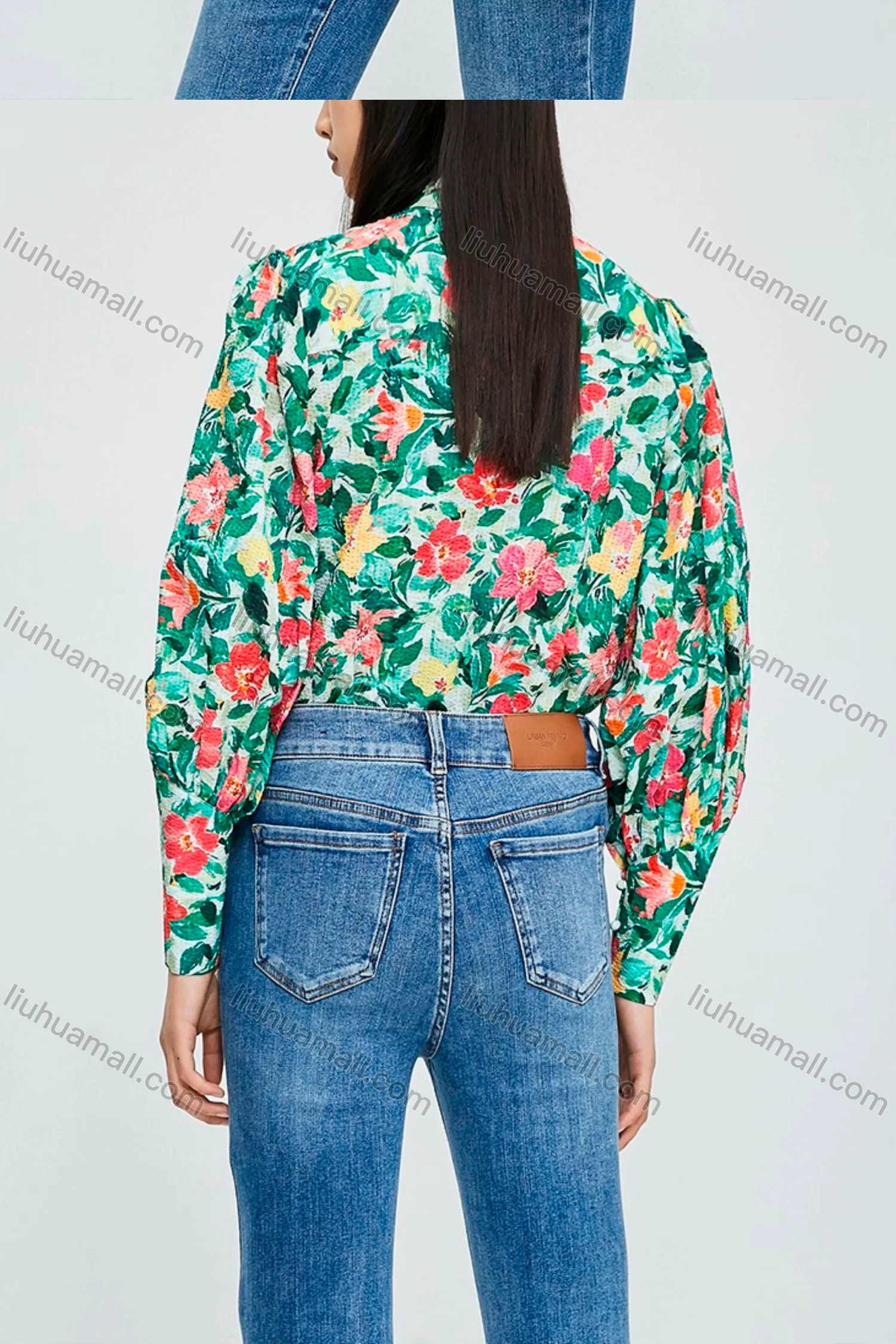 Wholesale Women's Casual Bishop Sleeve Stand Collar Floral Print Button Front Top 749855# - Liuhuamall