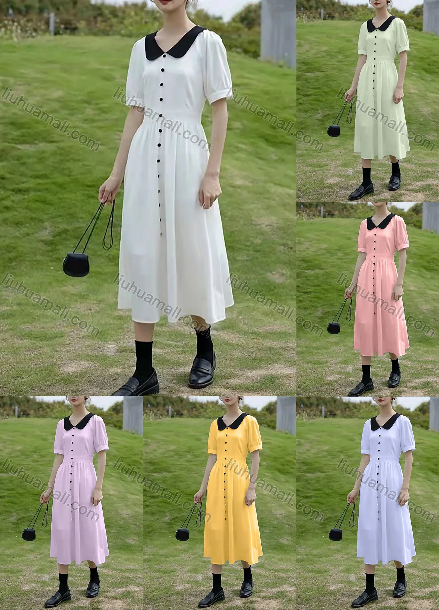 Wholesale Women's Peter Pan Collar Lantern Sleeve Buttons Ruffle Hem Midi Dress AY166# - Liuhuamall